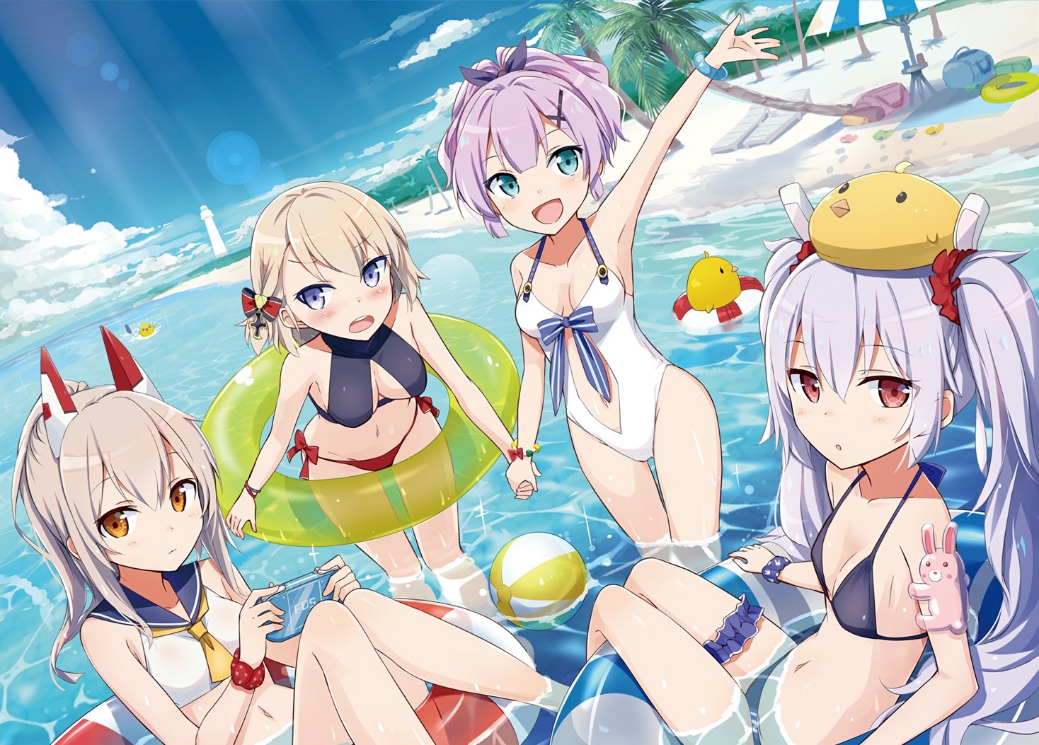 anthropomorphism, aqua_eyes, ayanami_(azur_lane), azur_lane, ball, beach, bikini, blonde_hair, blue_eyes, blush, breasts, cleavage, clouds, game_console, garter, gotyou, gray_hair, group, javelin_(azur_lane), laffey_(azur_lane), lighthouse, long_hair, manjuu_(azur_lane), navel, orange_eyes, ponytail, purple_hair, red_eyes, short_hair, sky, swim_ring, swimsuit, waifu2x, water, wristwear, z23_(azur_lane)