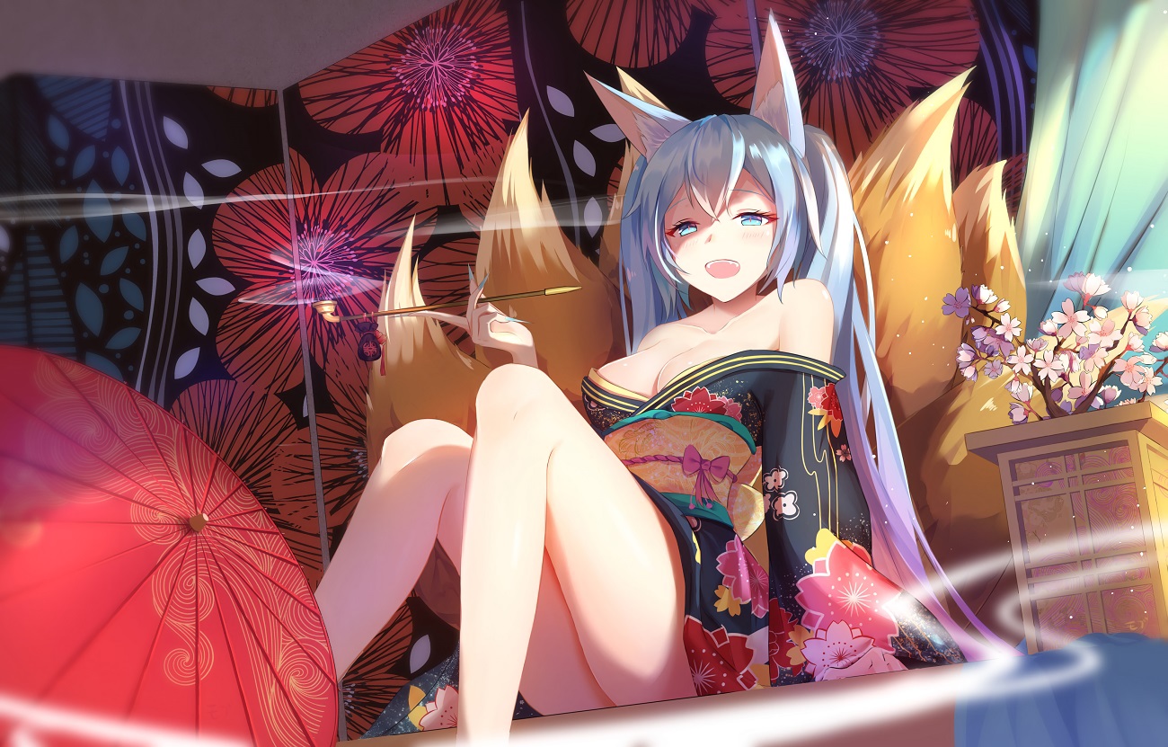 aliasing, animal_ears, aqua_eyes, aqua_hair, blush, breasts, cleavage, foxgirl, hatsune_miku, japanese_clothes, jpeg_artifacts, long_hair, mobu_(wddtfy61), multiple_tails, smoking, tail, twintails, umbrella, vocaloid