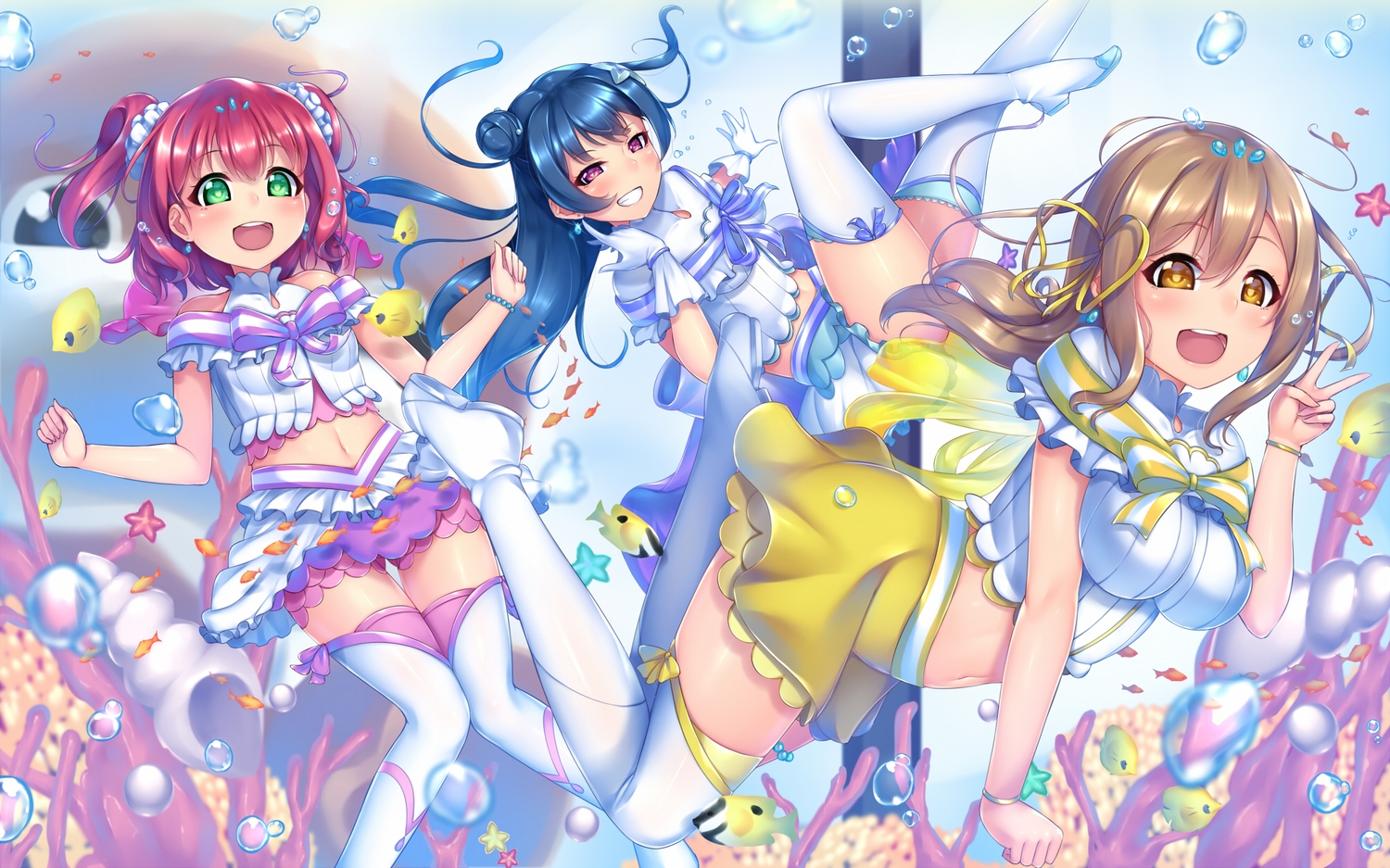 blue_hair, brown_eyes, brown_hair, gacchu, gloves, green_eyes, kunikida_hanamaru, kurosawa_ruby