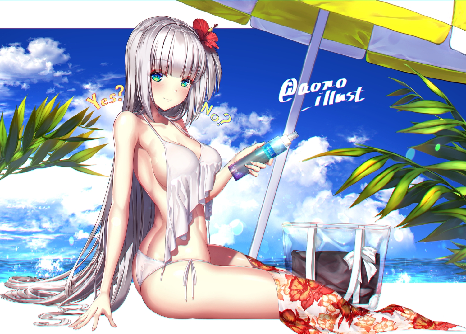 anthropomorphism, aono_meri, aqua_eyes, azur_lane, bikini, clouds, gray_hair, long_hair, ribbons, shoukaku_(azur_lane), signed, sky, swimsuit, umbrella