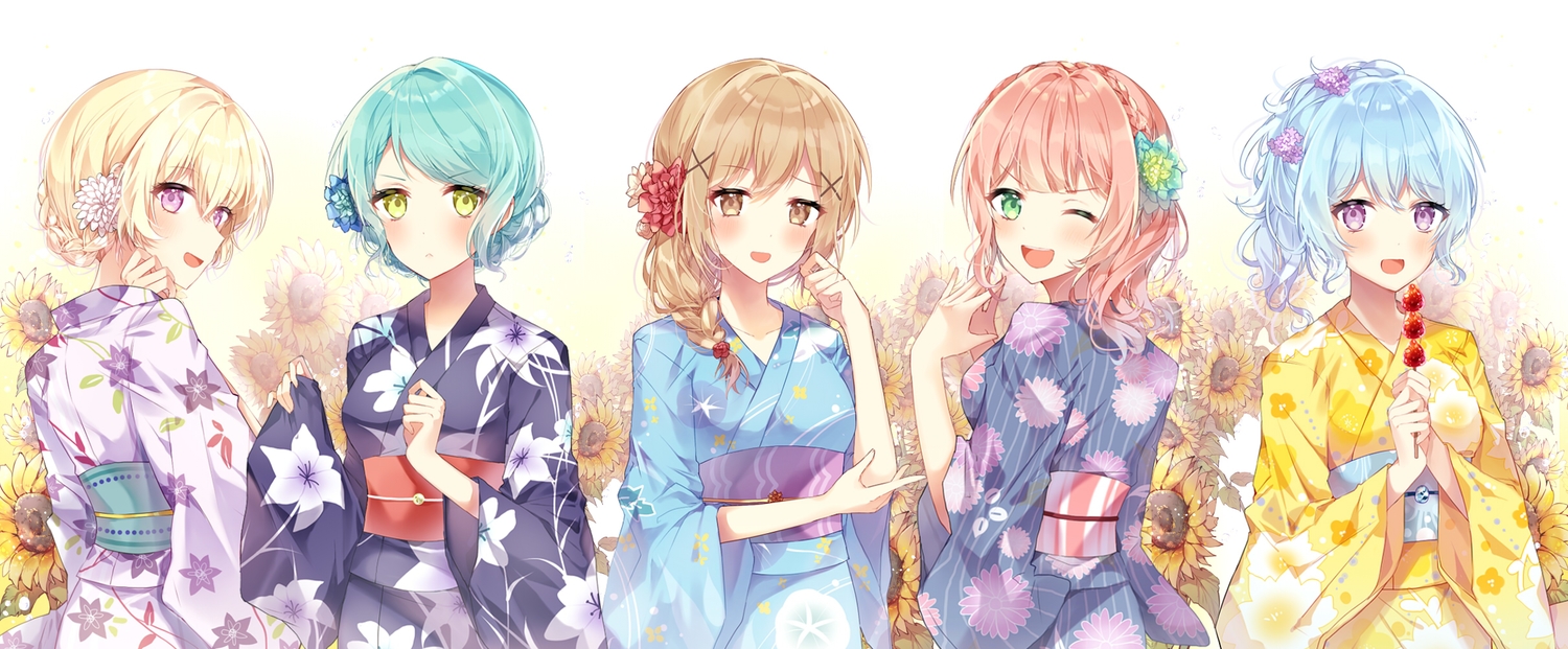 bang_dream!, blonde_hair, blue_hair, braids, brown_eyes, brown_hair, flowers, food, fruit, green_eyes, green_hair, group, hikawa_sayo, ichigaya_arisa, japanese_clothes, long_hair, matsubara_kanon, pink_hair, ponytail, purple_eyes, shirasagi_chisato, short_hair, strawberry, taya_oco, uehara_himari, wink, yukata