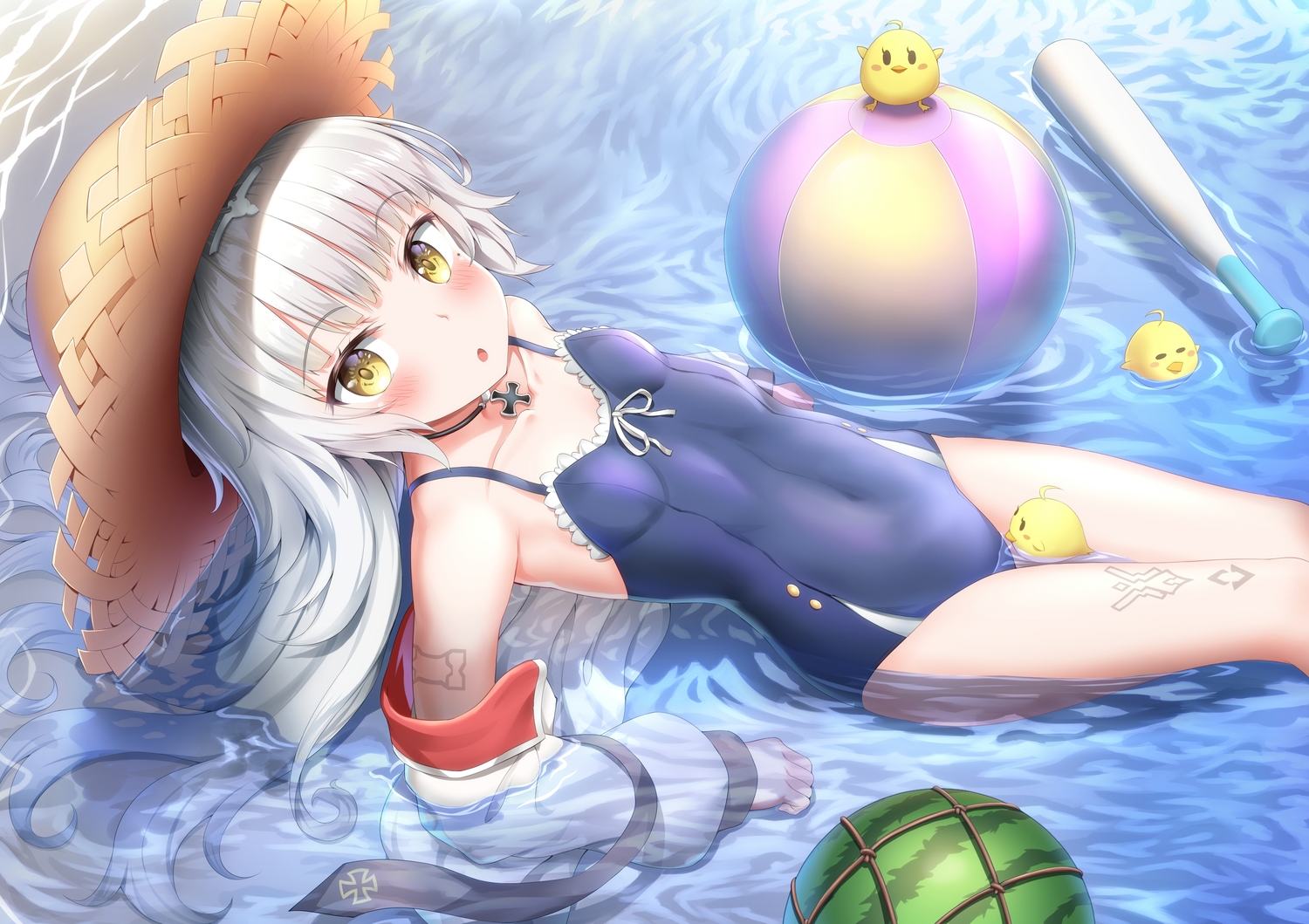 animal, anthropomorphism, azur_lane, bird, blush, hat, long_hair, necklace
