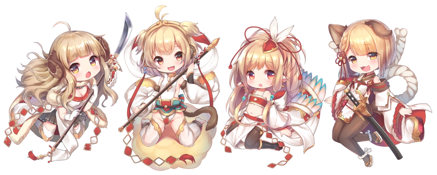 andira_(granblue_fantasy), anila_(granblue_fantasy), animal_ears, blonde_hair, braids, brown_eyes, cat_smile, chibi
