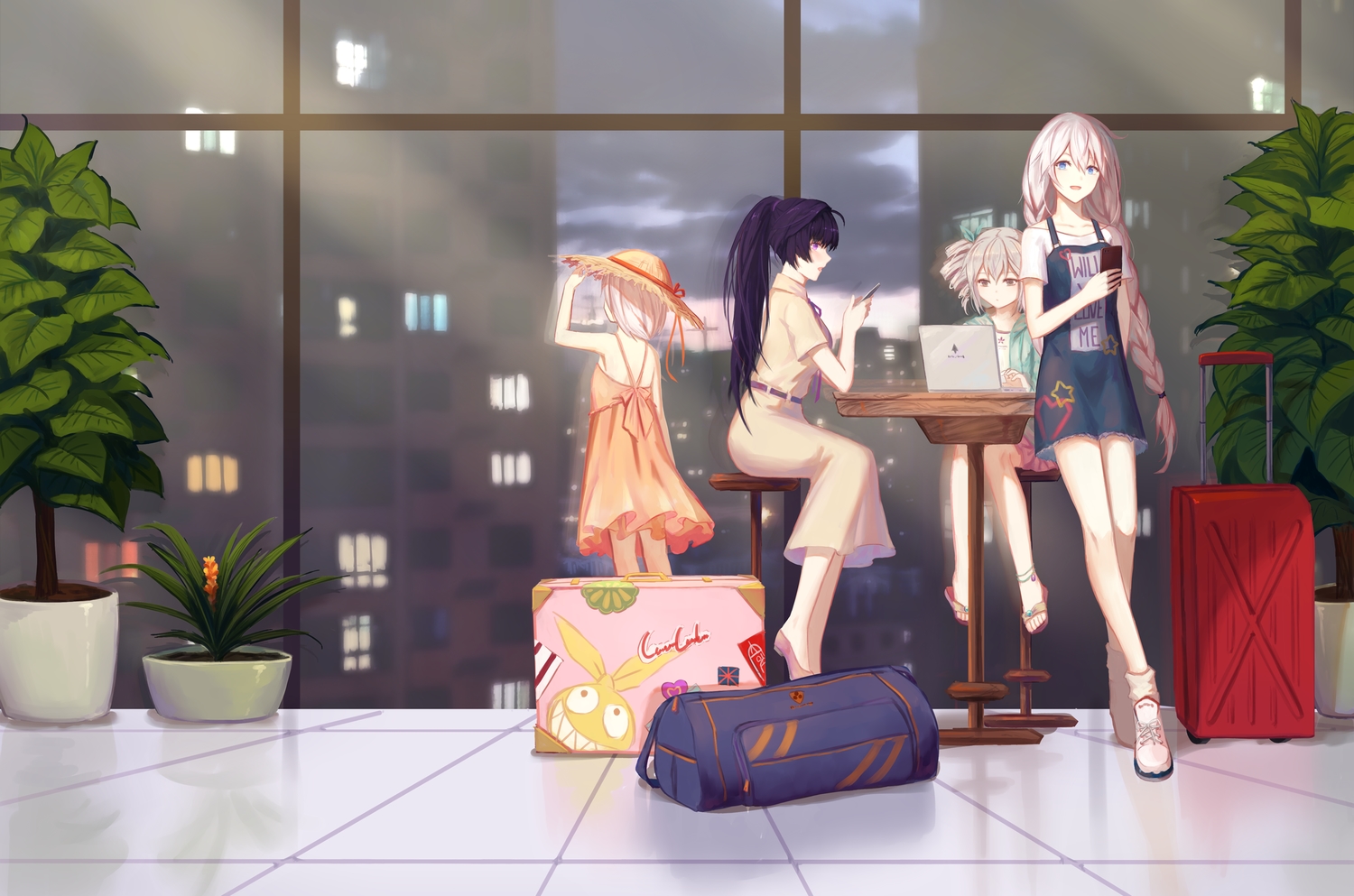 aqua_eyes, braids, bronya_zaychik, building, city, computer, dress, group, hat, honkai_impact, honkai_(series), kiana_kaslana, leaves, loli, long_hair, night, phone, ponytail, raiden_mei, scenic, short_hair, summer_dress, theresa_apocalypse, twintails, white_hair, xing_muhen