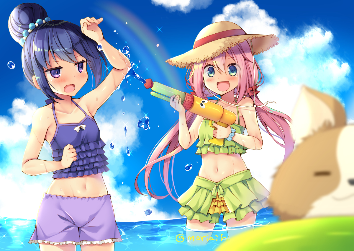2girls, aliasing, bikini, blue_hair, blush, bow, gun, kagamihara_nadeshiko, long_hair, mori_airi, navel, pink_hair, purple_eyes, shima_rin, shorts, signed, swimsuit, twintails, water, weapon, wet, wristwear, yuru_camp