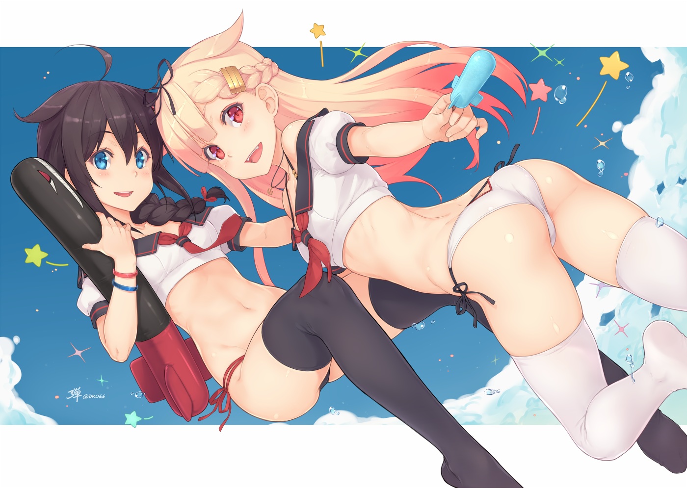 2girls, anthropomorphism, ass, bikini, black_hair, blue_eyes, blush, braids