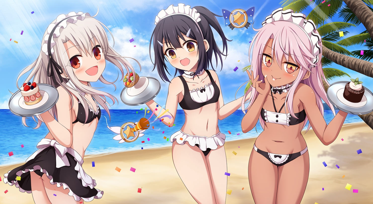 beach, chloe_von_einzbern, dark_skin, fate/kaleid_liner_prisma_illya, fate_(series), food, illyasviel_von_einzbern, loli, maid, miyu_edelfelt, morokoshi_(tekku)