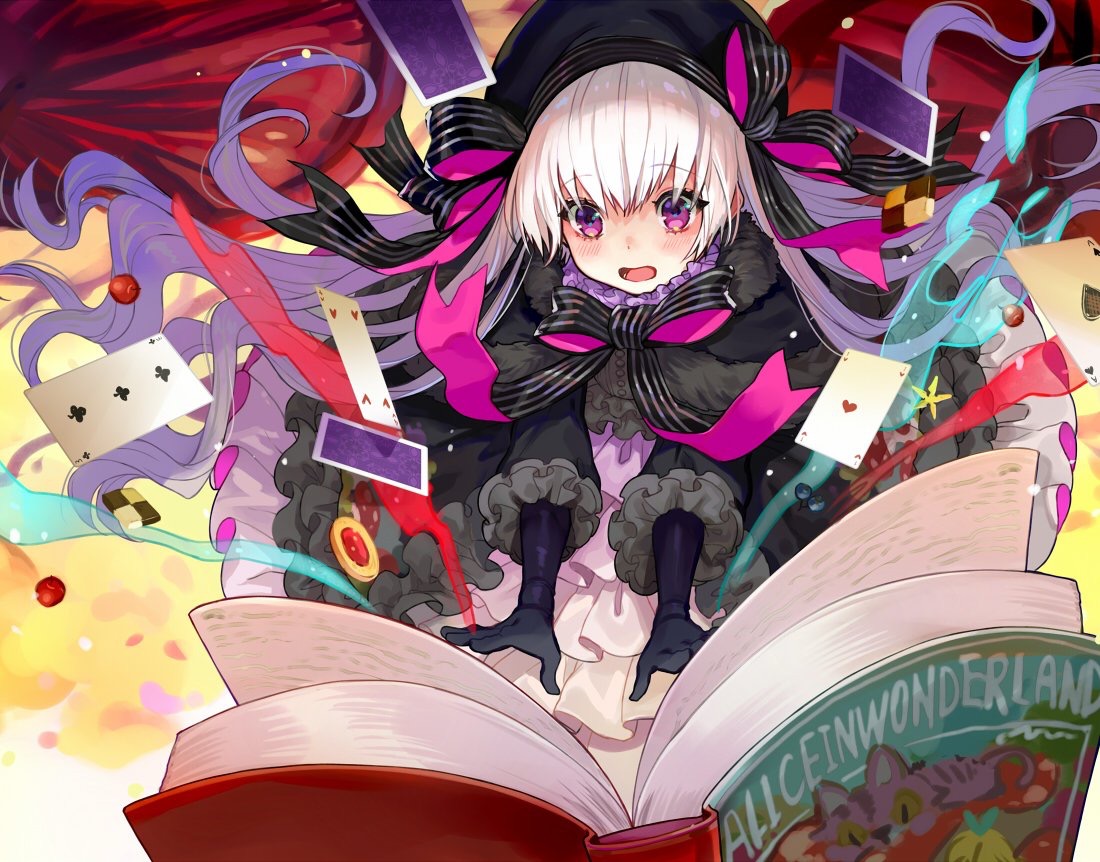 alice_in_wonderland, blush, book, bow, cape, cherry, elbow_gloves, fate/grand_order, fate_(series), food, fruit, gloves, goth-loli, hat, lolita_fashion, long_hair, magic, nursery_rhyme_(fate/extra), purple_eyes, ribbons, white_hair, yuu_(higashi_no_penguin)
