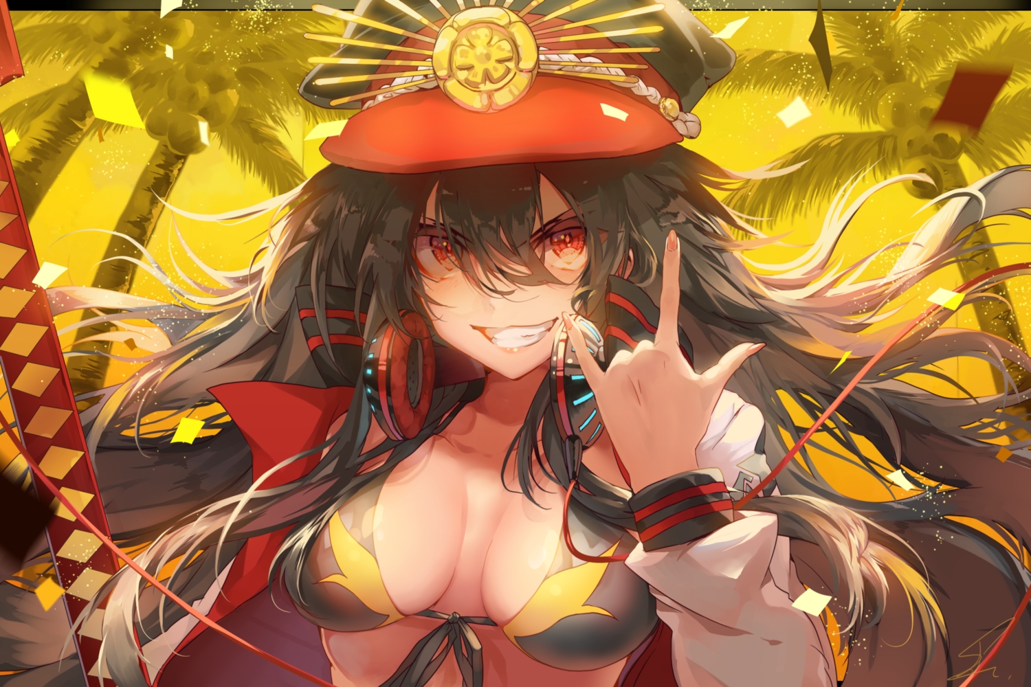 bikini_top, black_hair, breasts, close, fate/grand_order, fate_(series), hat, headphones