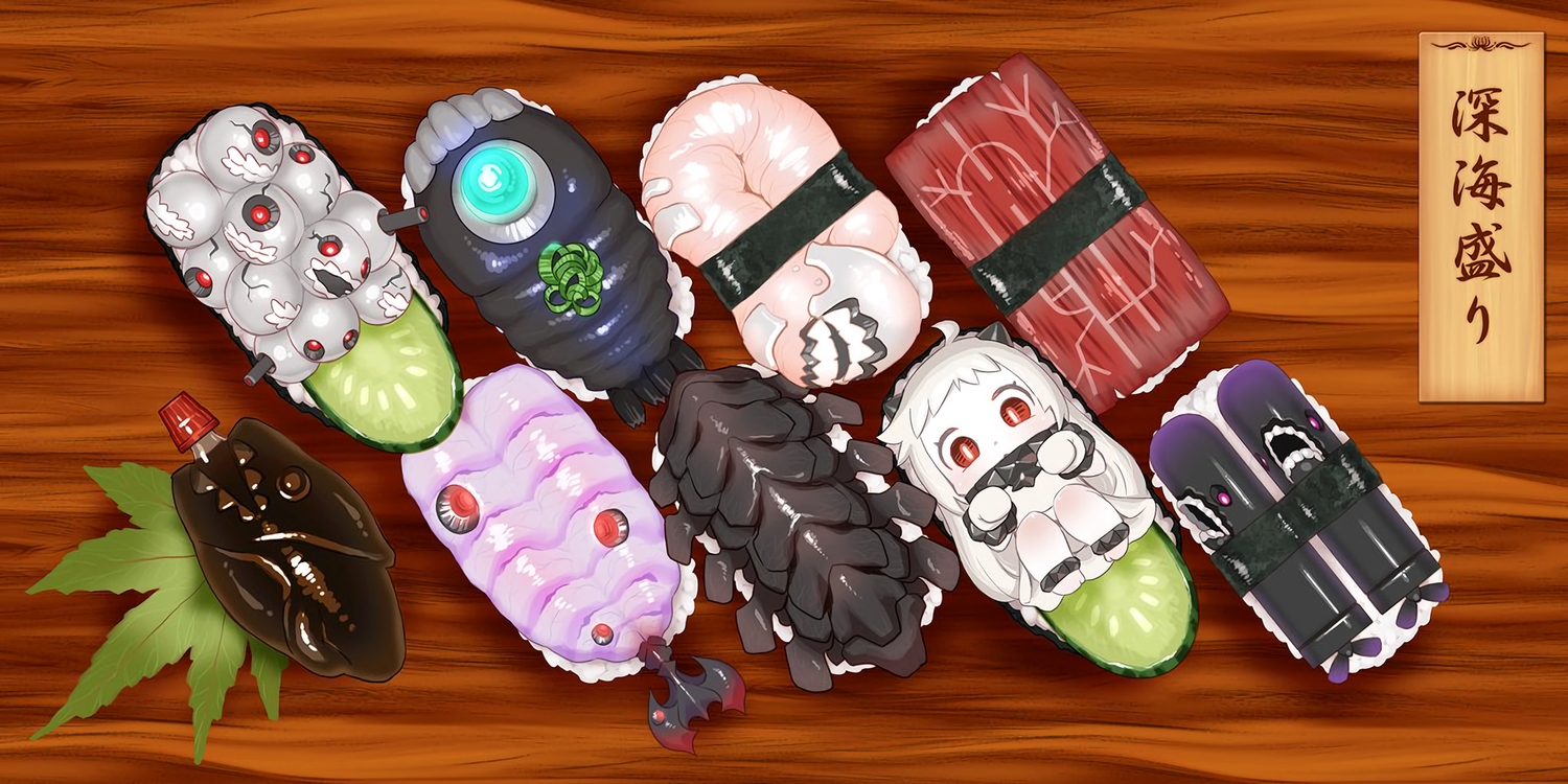 anthropomorphism, barefoot, chaki_(teasets), chibi, dress, food, kantai_collection, loli, long_hair, northern_ocean_hime, red_eyes, waifu2x, white_hair, wristwear