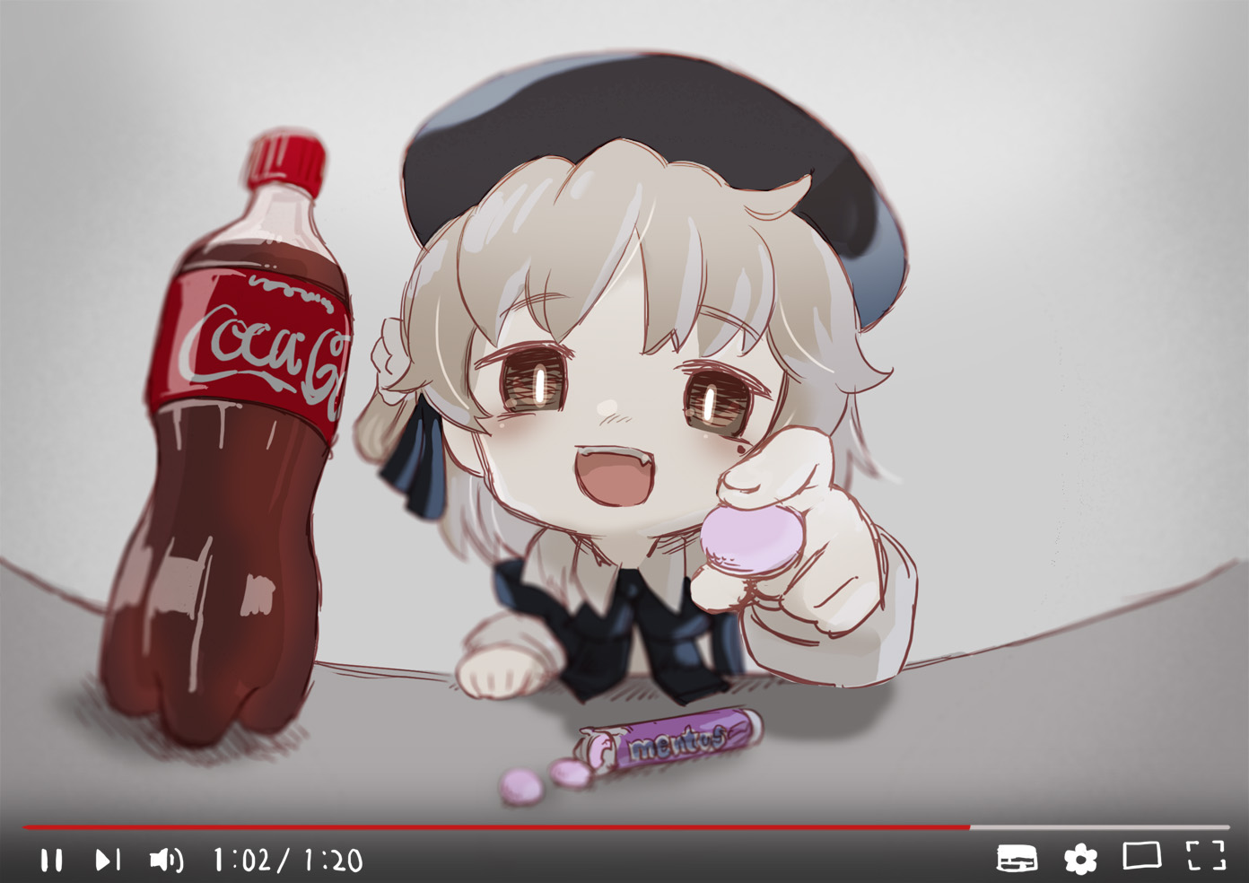 brown_eyes, candy, chaki_(teasets), coca_cola, drink, fang, gray_hair, hat