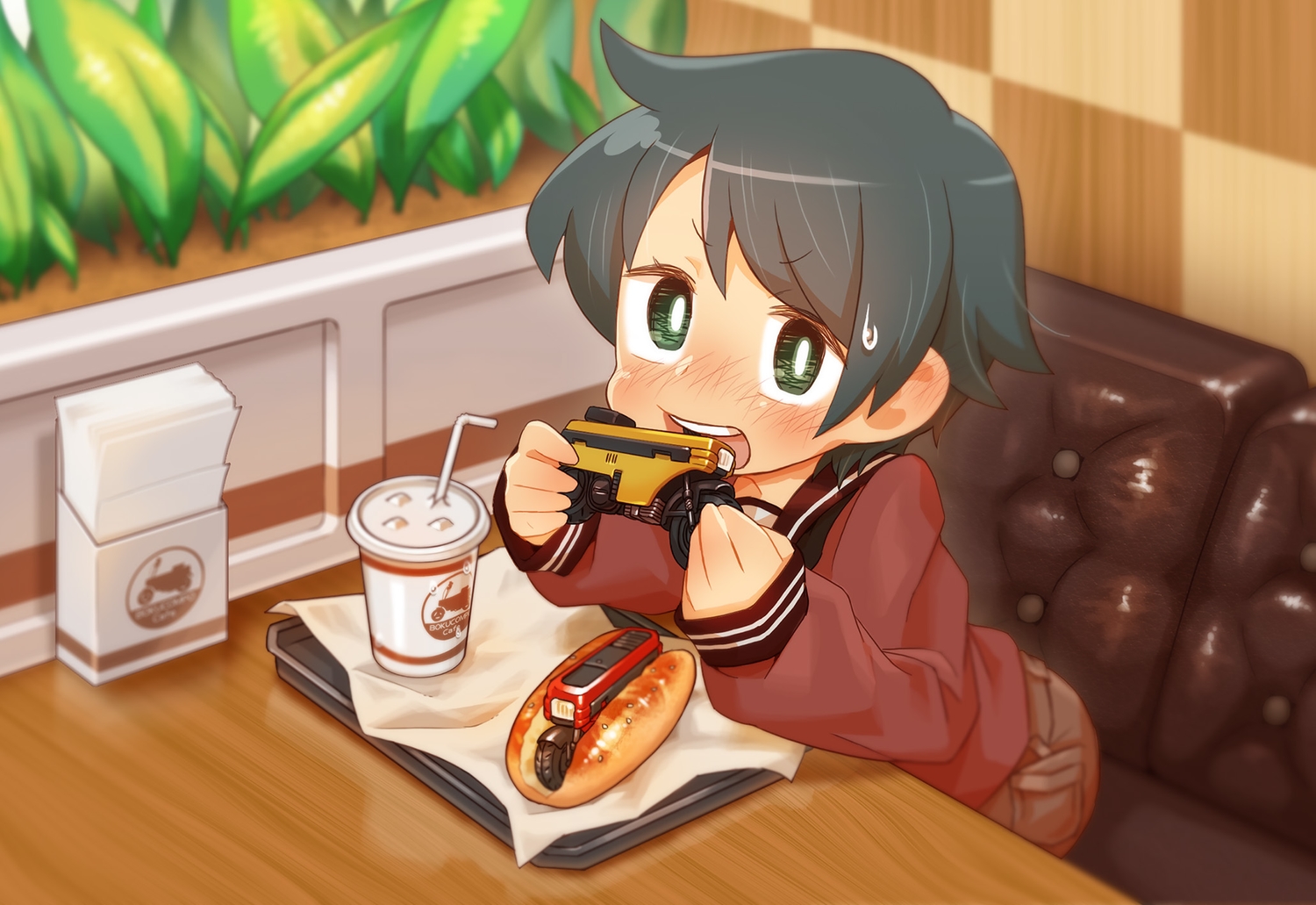 anthropomorphism, black_hair, blush, chaki_(teasets), drink, food, green_eyes, kantai_collection