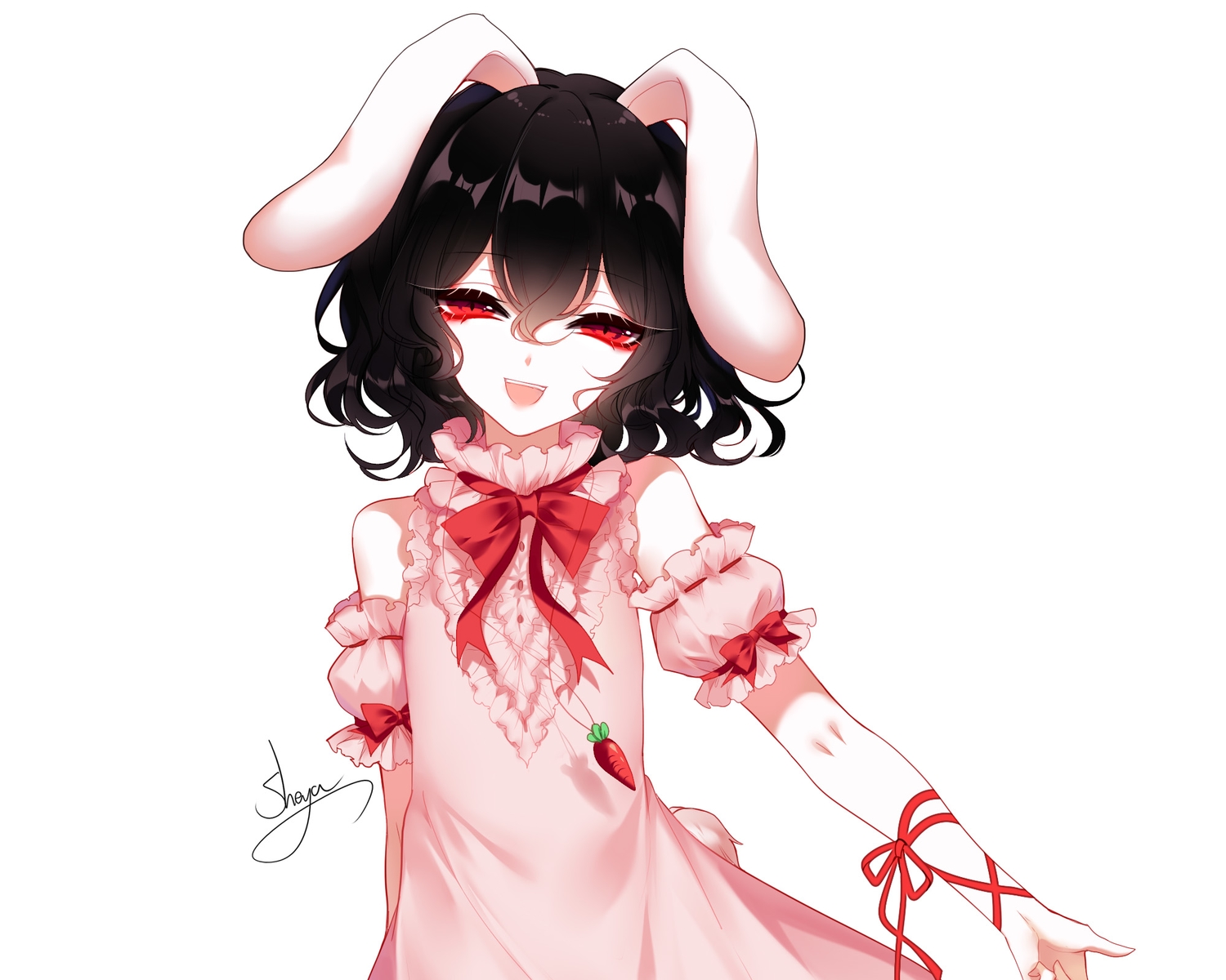 animal_ears, black_hair, bow, bunny_ears, bunnygirl, close, dress, inaba_tewi