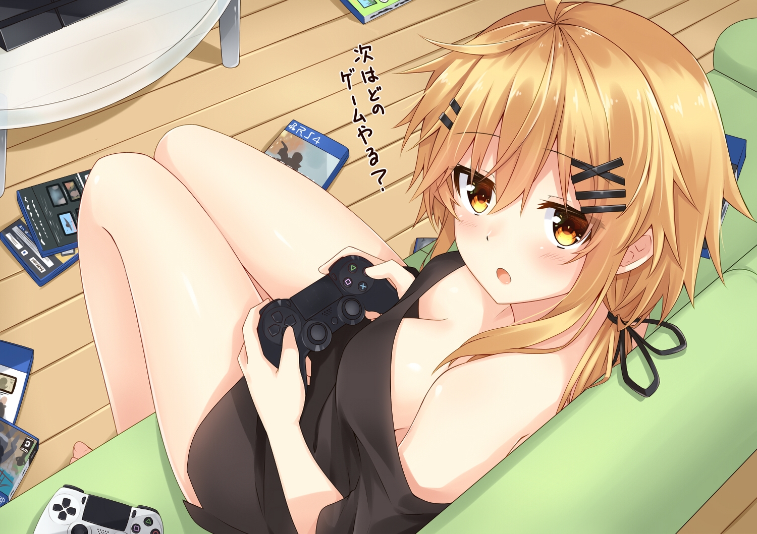 barefoot, blonde_hair, blush, breasts, cleavage, game_console, komori_kuzuyu, long_hair