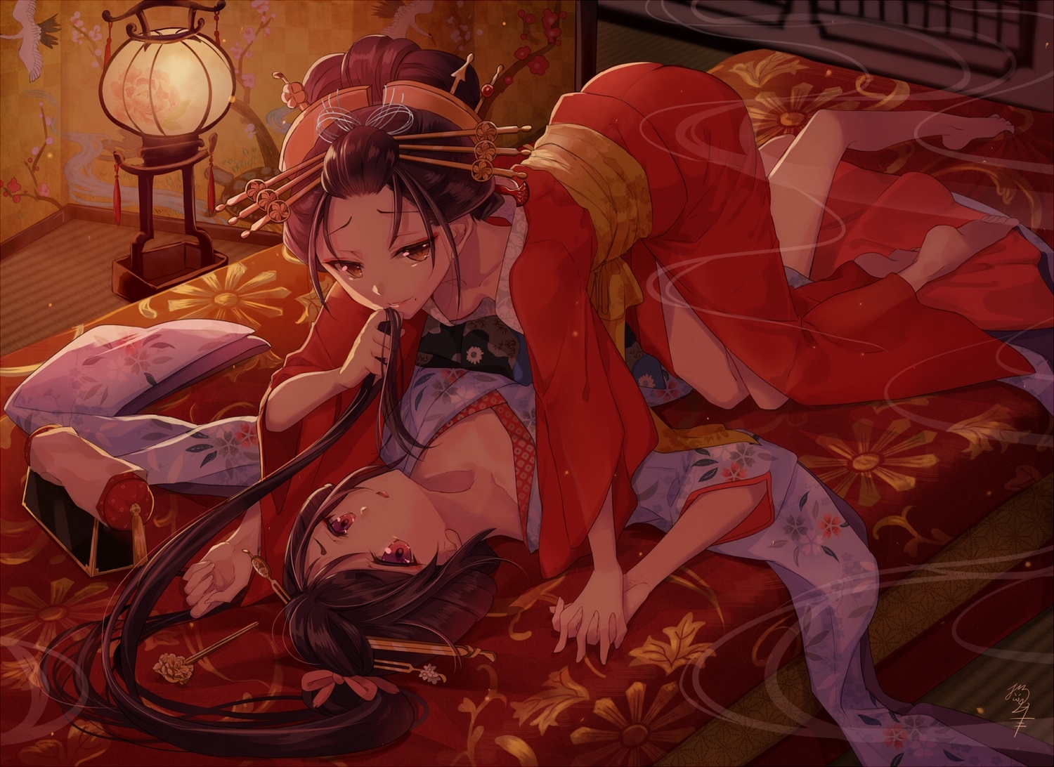2girls, barefoot, bed, black_hair, brown_eyes, brown_hair, japanese_clothes, kimono