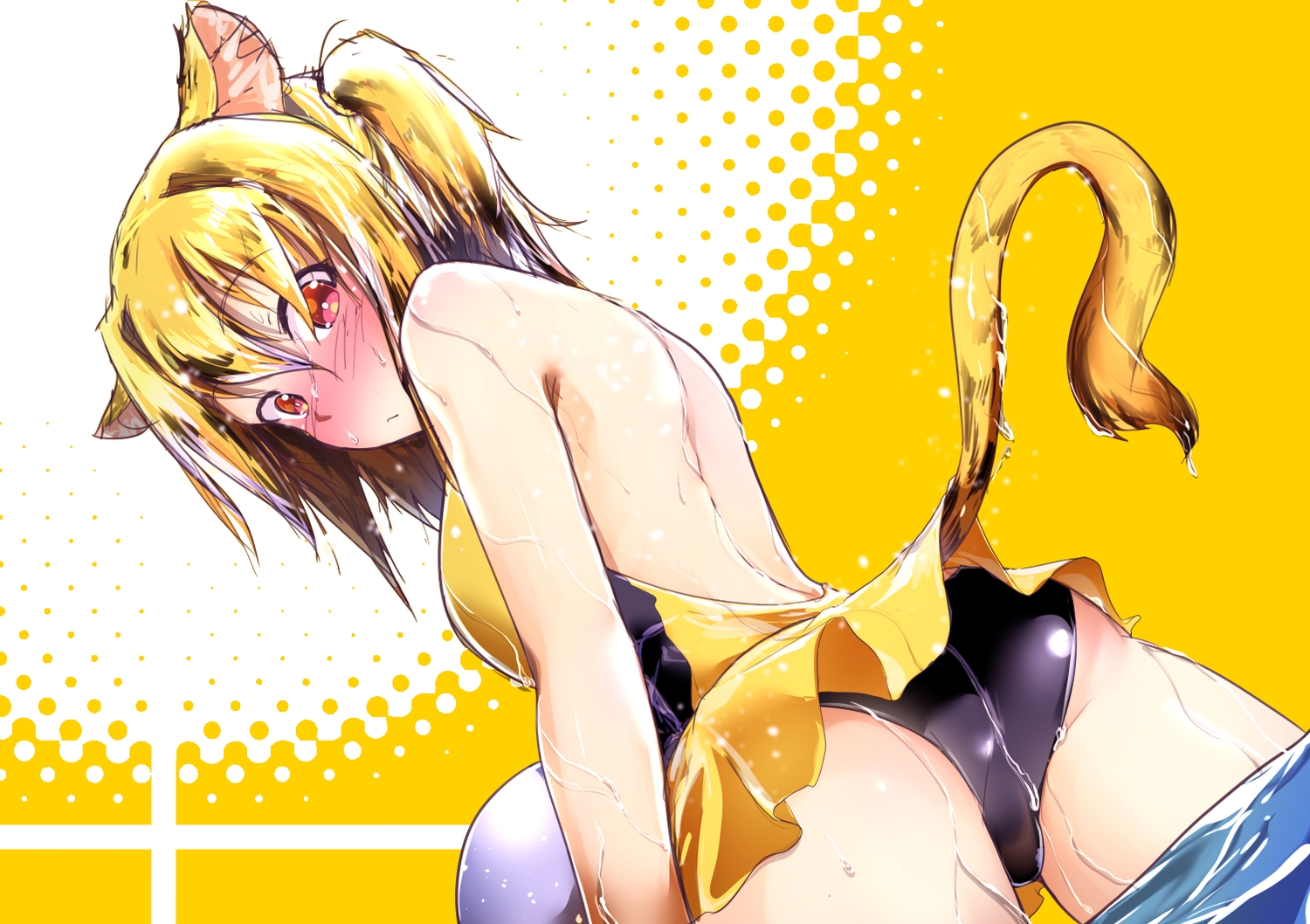 animal_ears, ass, blonde_hair, catgirl, original, ponytail, red_eyes, ryuu_tou, short_hair, swimsuit, tail, water, wet