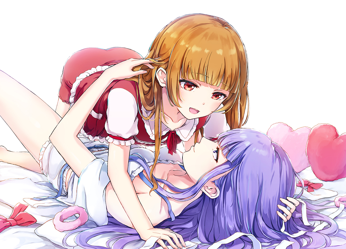 2girls, aisaki_emiru, blonde_hair, bow, hug, hugtto_precure, long_hair, lulu_(precure), precure, purple_eyes, purple_hair, red_eyes, shorts, shoujo_ai, tokeshi