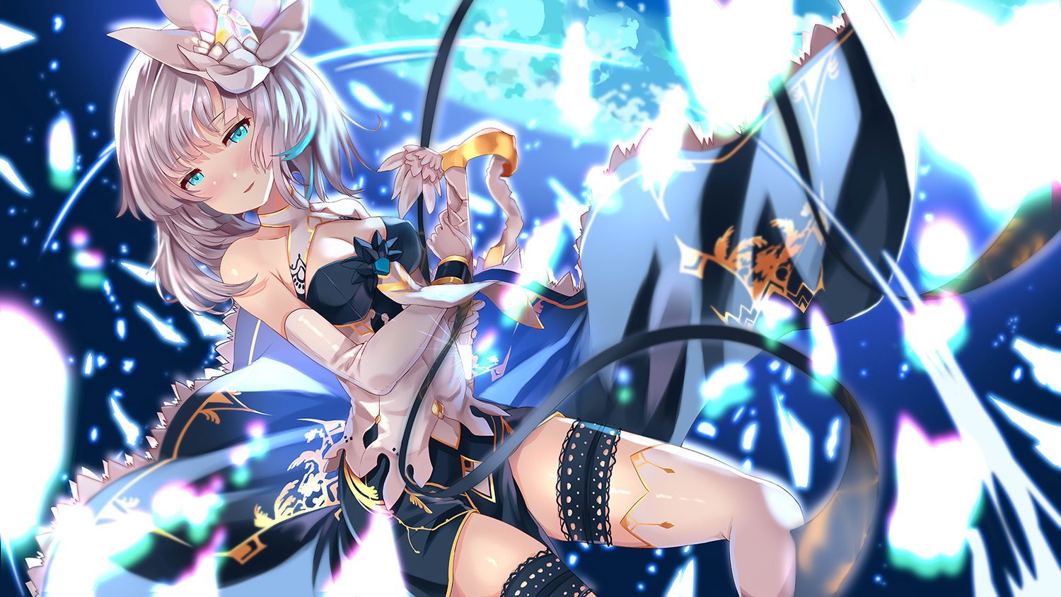 blush, breasts, cleavage, dress, garter, gray_hair, green_eyes, jpeg_artifacts, long_hair, sdorica_-sunset-, sione_(sdorica), sword, thighhighs, weapon, xephonia
