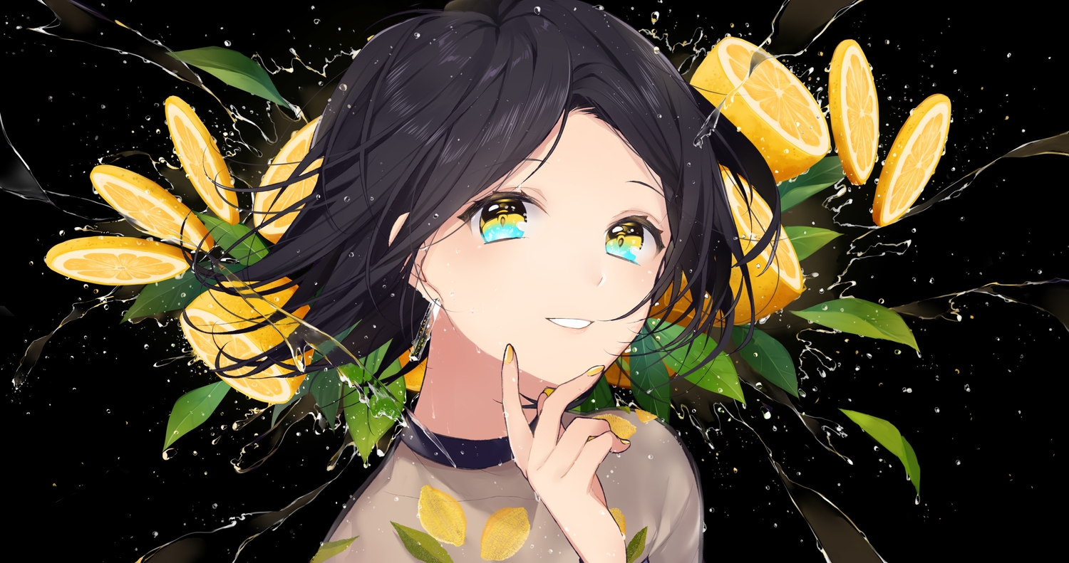 black, black_hair, close, food, fruit, original, short_hair, sogawa66