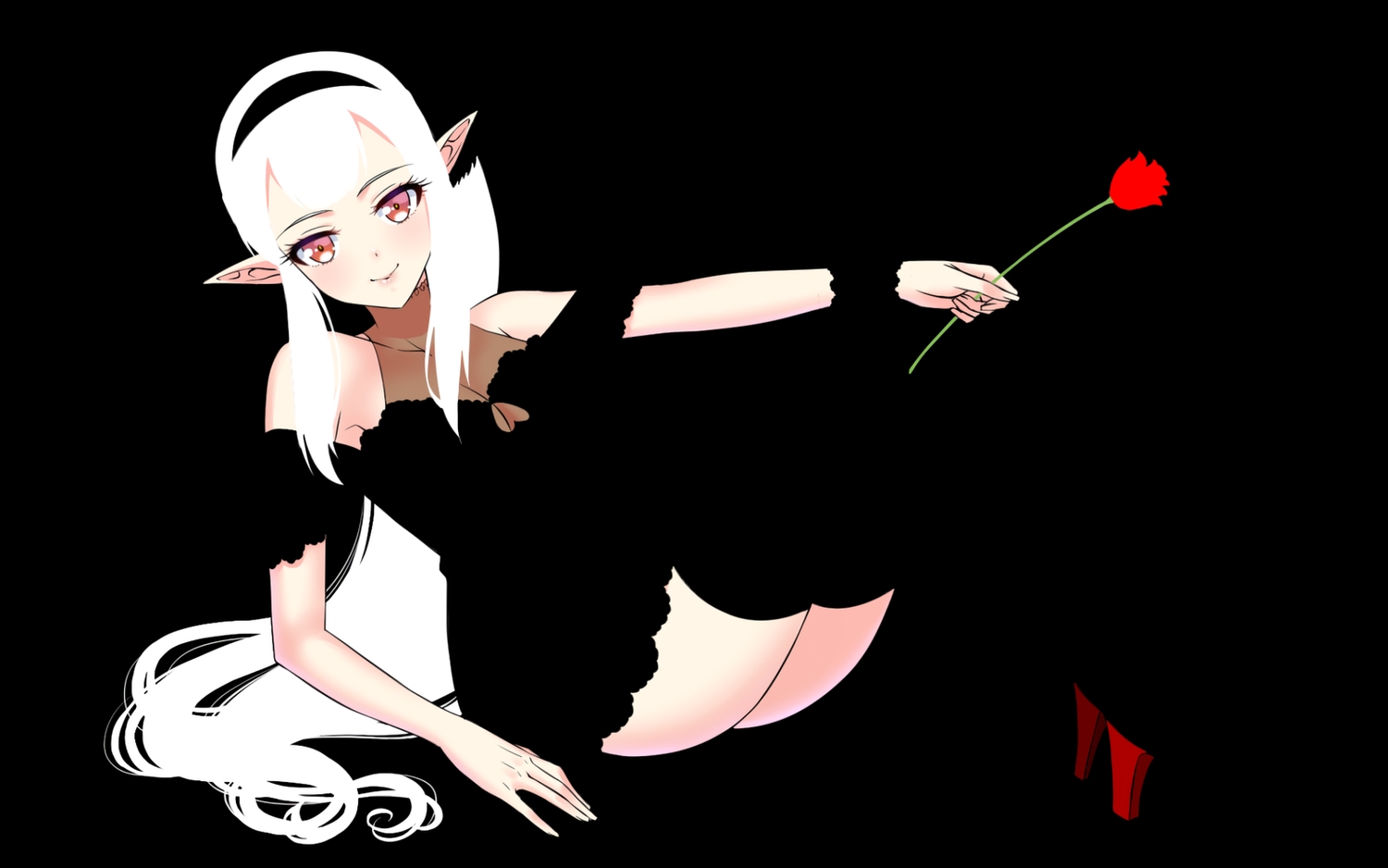 black, breasts, cleavage, dress, elu_(nijisanji), flowers, headband, long_hair
