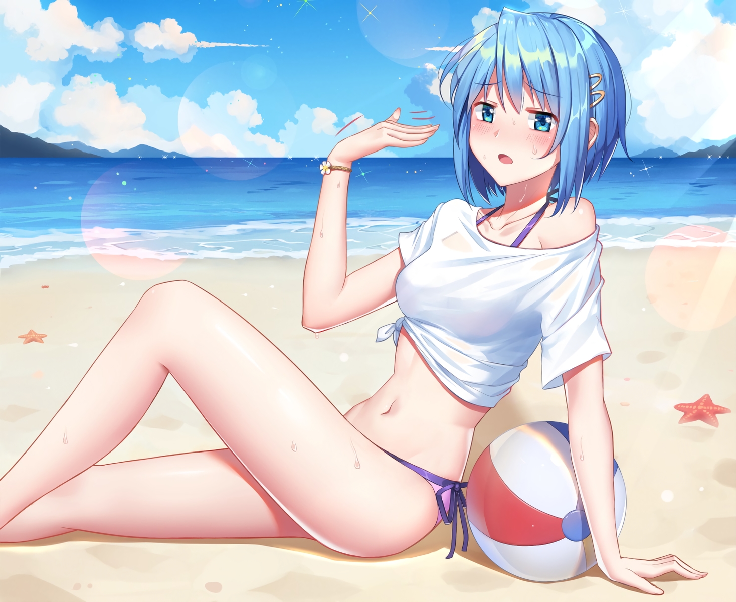 aqua_eyes, aqua_hair, ball, beach, bikini, blush, clouds, cropped