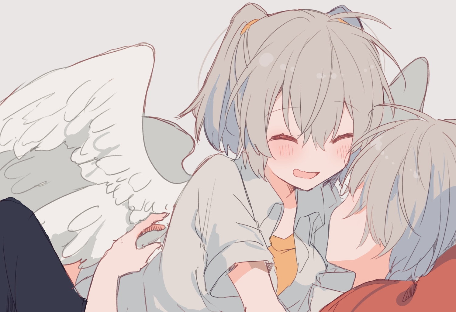 angel, angel_chromosome_xx, anthropomorphism, blush, close, gray_hair, hug, ikeuchi_tanuma, male, neon_genesis_evangelion, short_hair, sketch, tabris, tabris-xx, twintails, waifu2x, wings