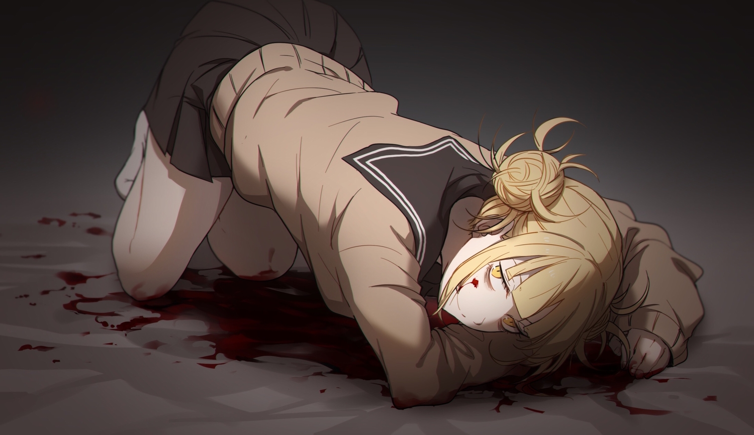 blonde_hair, blood, boku_no_hero_academia, gradient, inawa_akito, school_uniform, short_hair, socks, toga_himiko, yellow_eyes