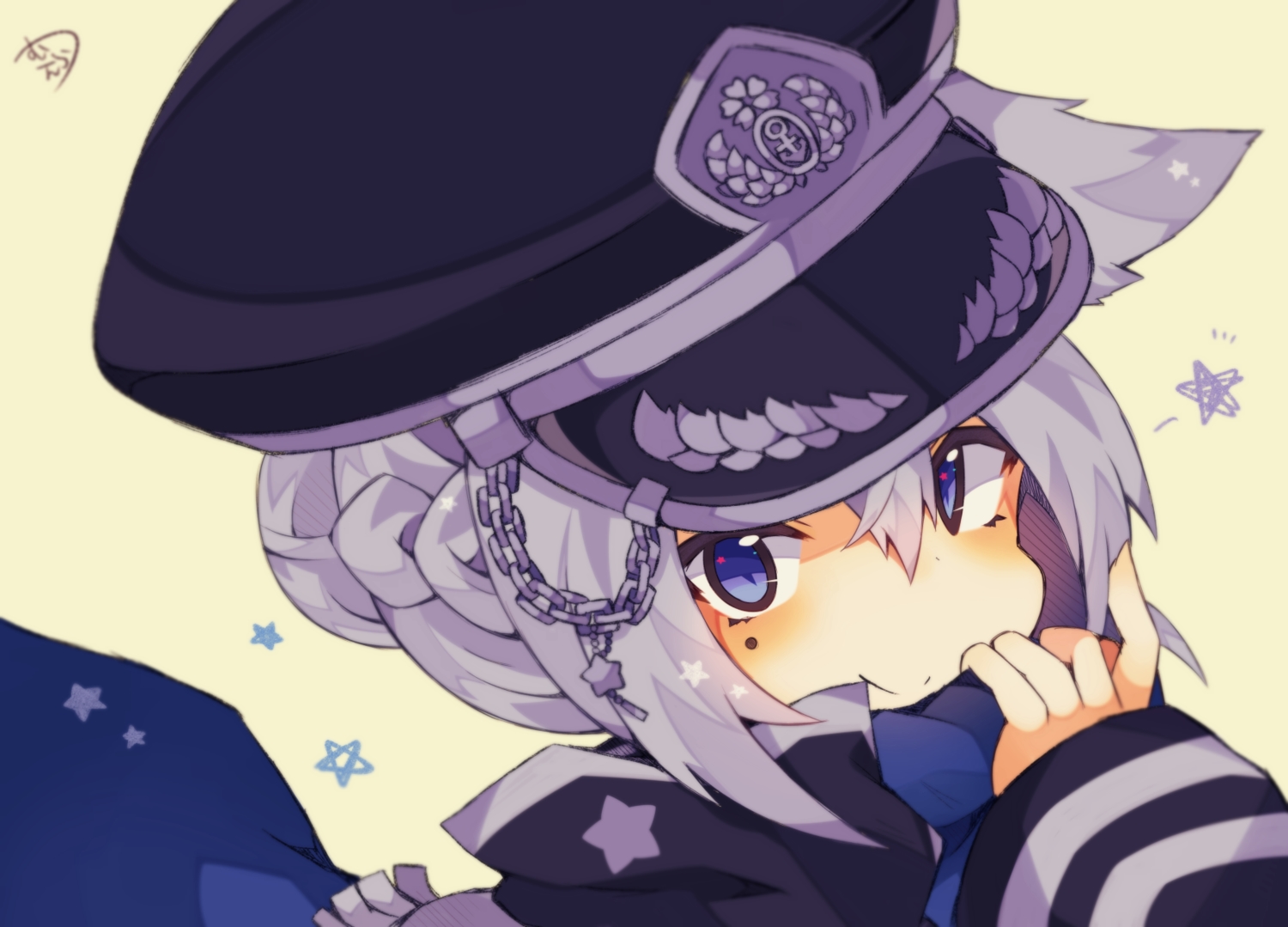 animal_ears, blue_eyes, braids, chain, close, gray_hair, hat, military