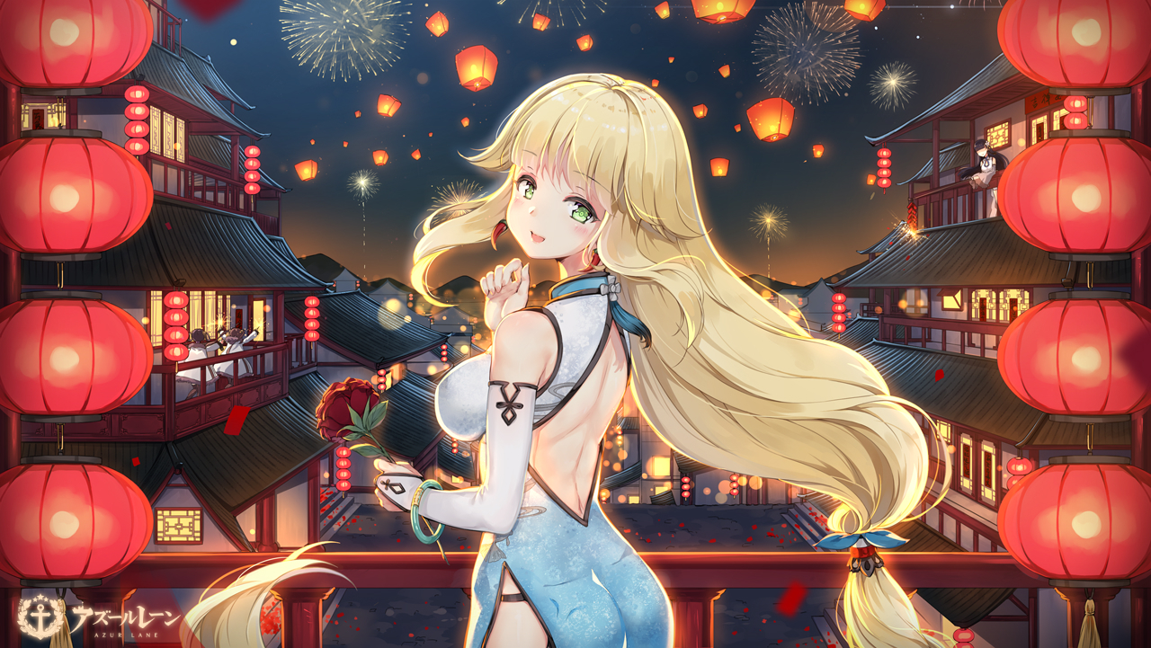 anthropomorphism, aurora_(azur_lane), azur_lane, blonde_hair, blush, building, chinese_clothes, chinese_dress, dress, elbow_gloves, festival, fireworks, flowers, gloves, green_eyes, logo, long_hair, maya_g, night, ning_hai_(azur_lane), ping_hai_(azur_lane), sky, wristwear, yat_sen_(azur_lane)