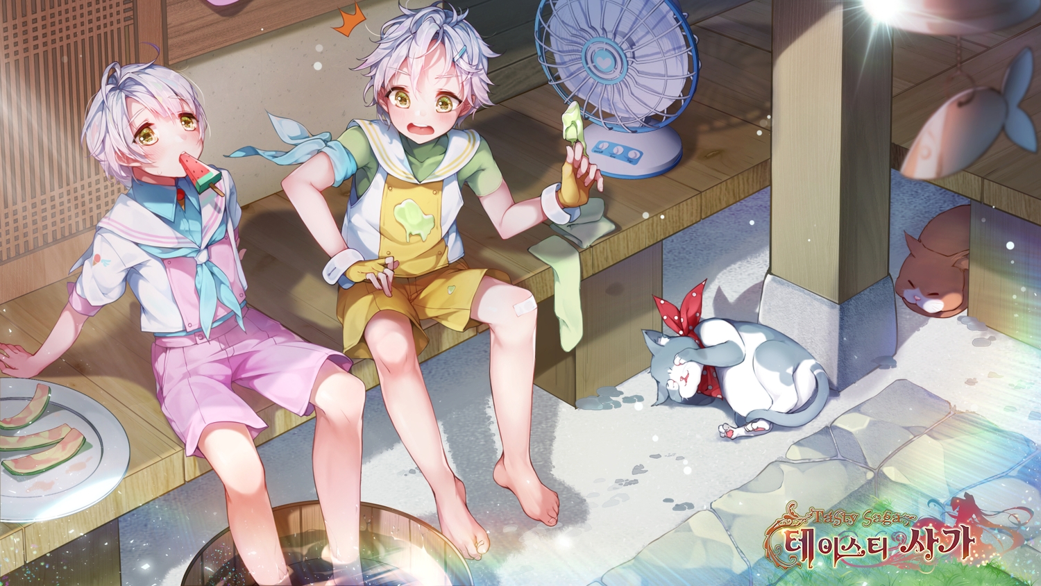 all_male, animal, barefoot, cat, fan, gloves, gray_hair, kanola_u, logo, male, popsicle, school_uniform, short_hair, shorts, summer, tasty_saga, water, yellow_eyes