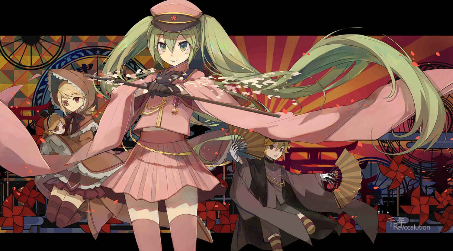 hatsune_miku, kagamine_len, kagamine_rin, male, mao_xiaozha_(rumiechen), senbon-zakura_(vocaloid), vocaloid