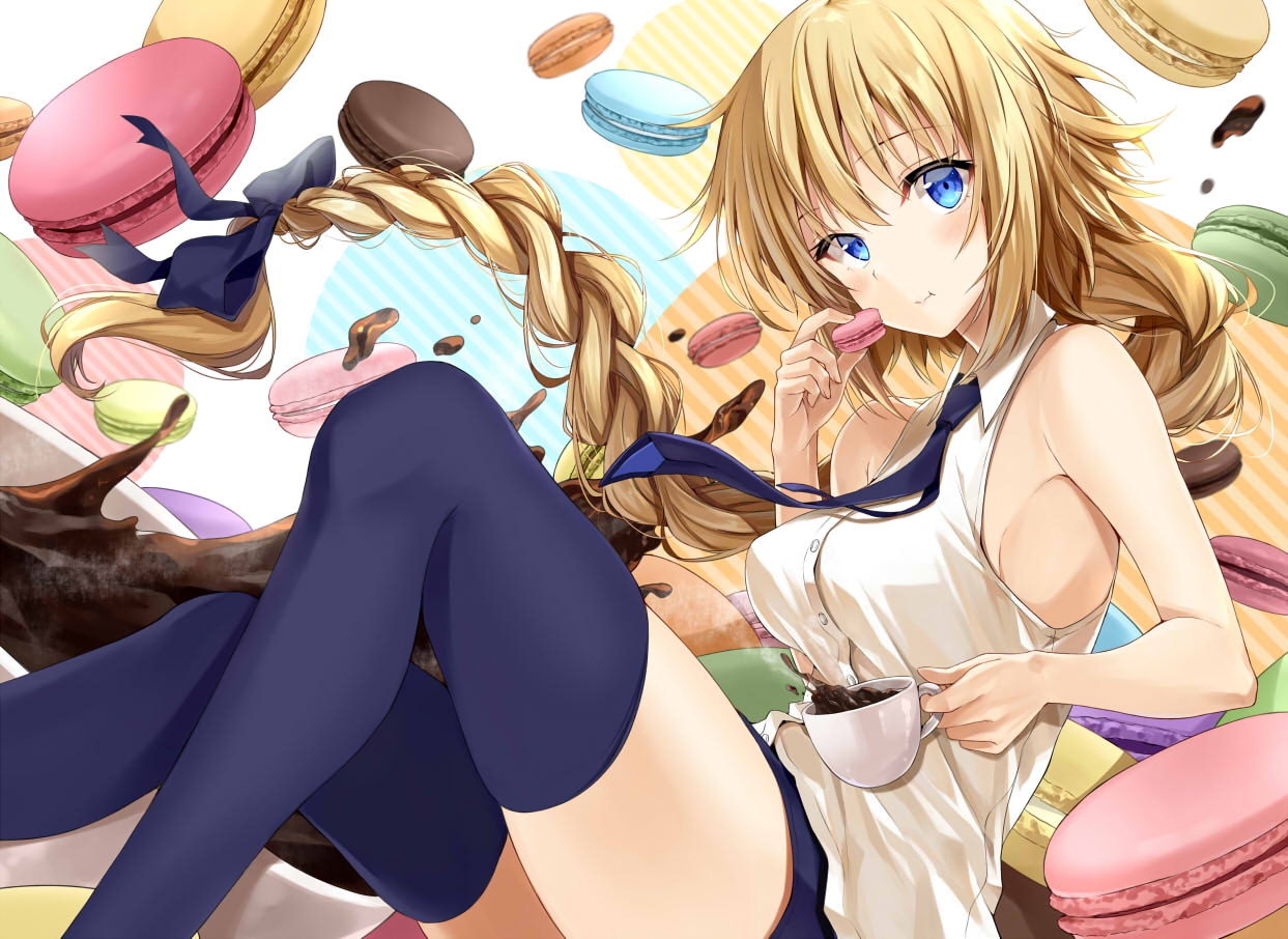 aqua_eyes, blonde_hair, braids, drink, fate/grand_order, fate_(series), food, jeanne_d'arc_(fate)