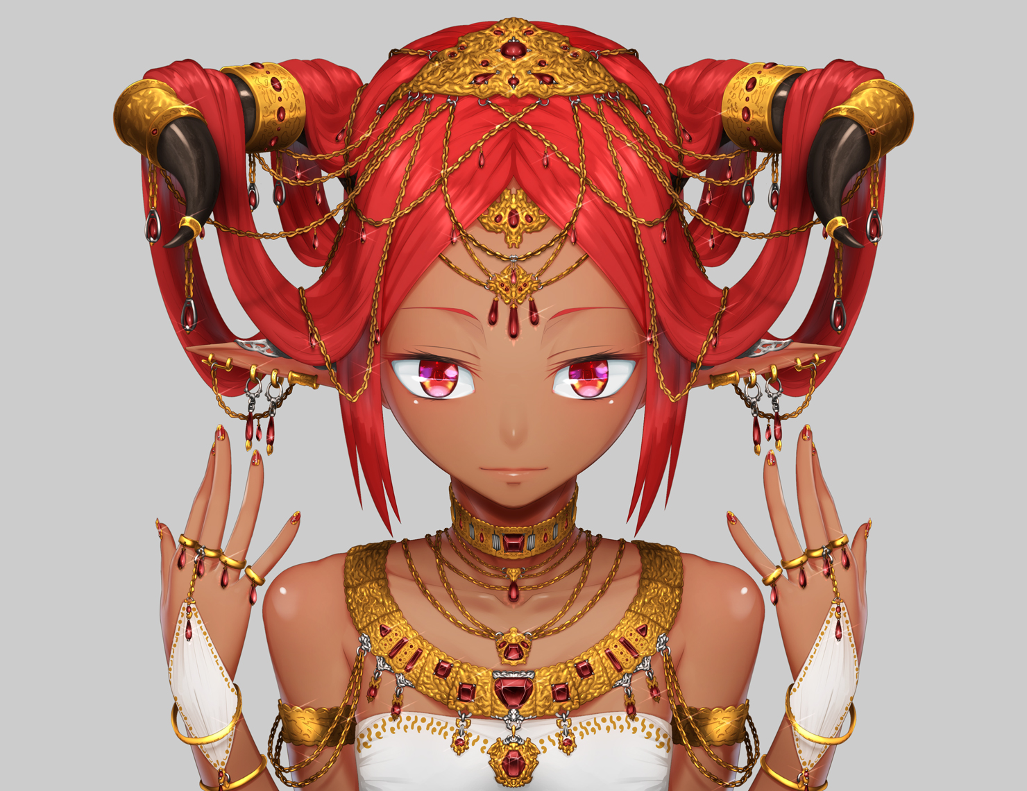 close, dark_skin, gray, headdress, horns, long_hair, necklace, original, red_eyes, red_hair, tafuu_(tortafu), wristwear