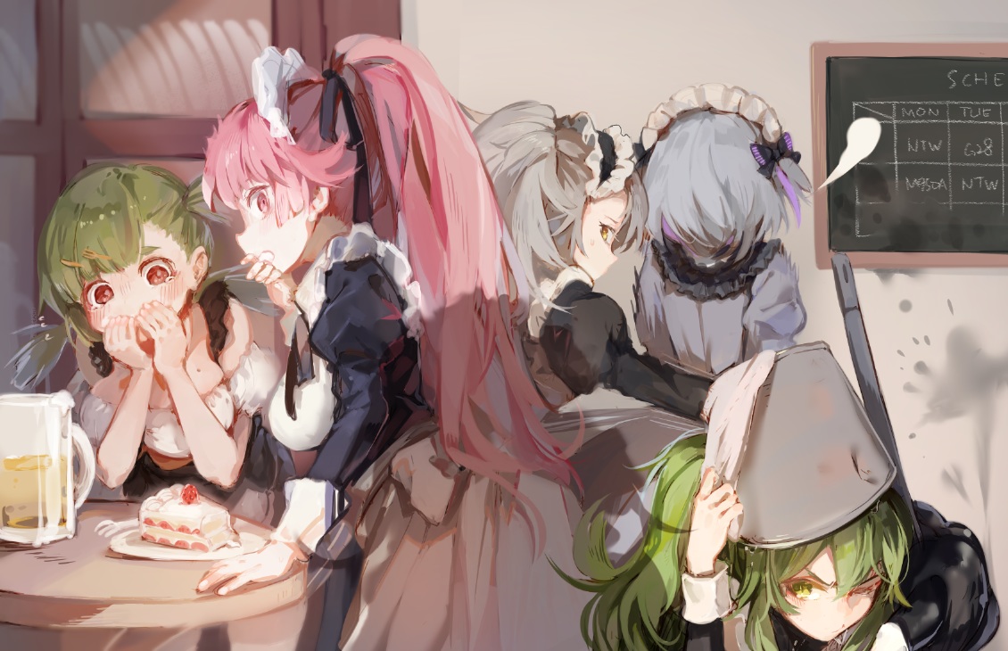 anthropomorphism, blush, cake, dress, drink, food, g28_(girls_frontline), gepard_m1_(girls_frontline), girls_frontline, gray_hair, green_eyes, green_hair, group, headdress, long_hair, m950a_(girls_frontline), maid, ntw-20_(girls_frontline), pink_eyes, pink_hair, ponytail, red_eyes, short_hair, shuzi, tears, thompson/center_contender_(girls_frontline), wink