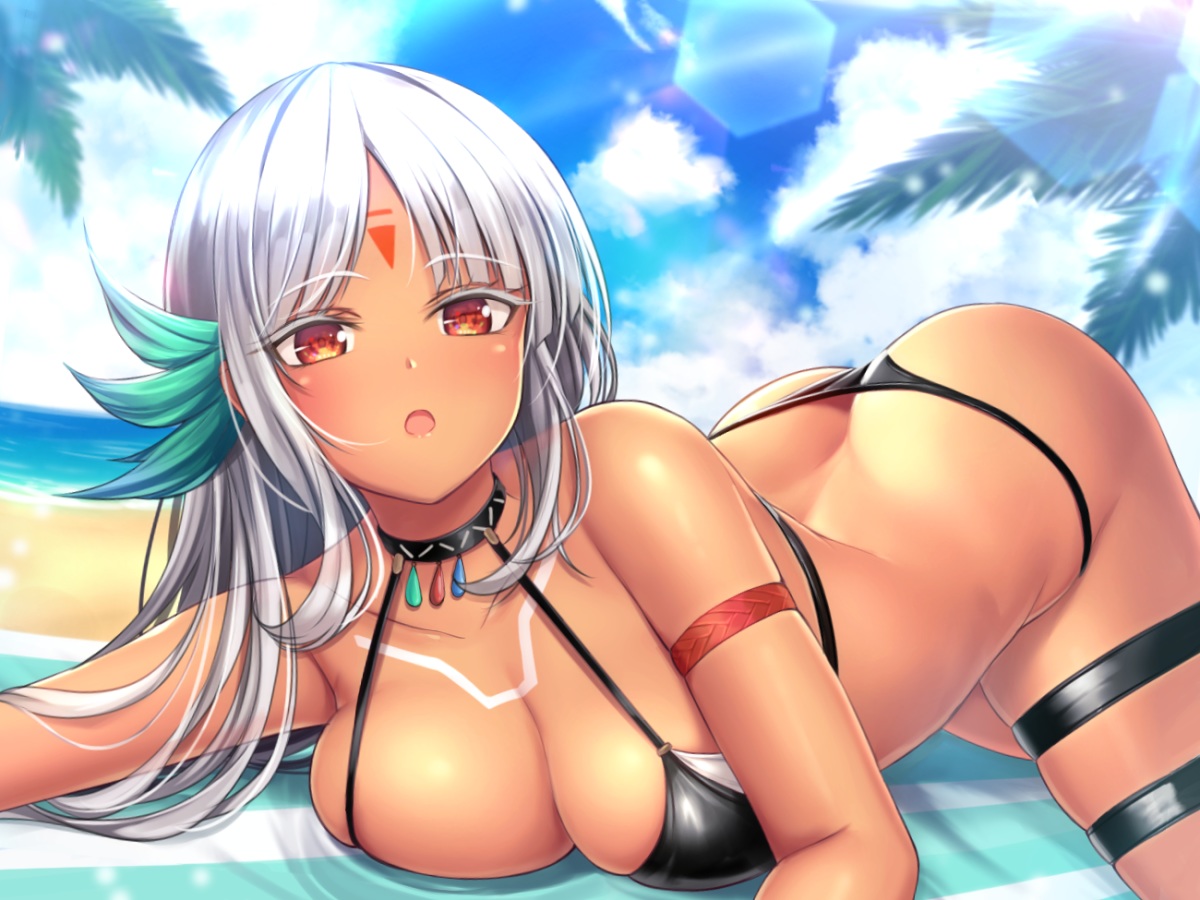 anthropomorphism, ass, azur_lane, beach, bikini, clouds, dark_skin, long_hair