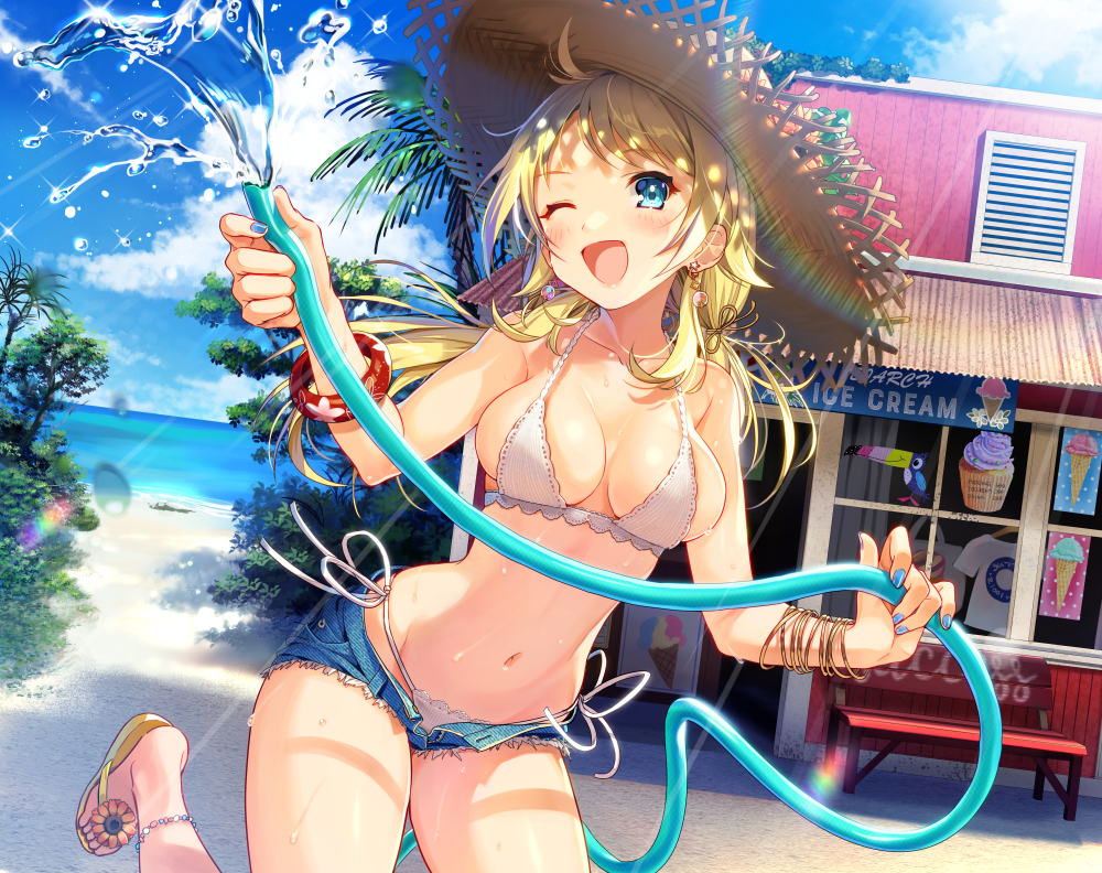 aqua_eyes, beach, bikini, blonde_hair, blush, breasts, clouds, hachimiya_meguru, hat, idolmaster, idolmaster_shiny_colors, joey_koguma, shorts, sky, swimsuit, water, wet, wink, wristwear