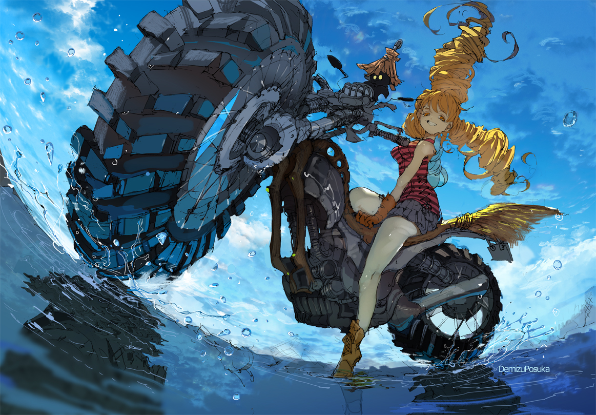 blonde_hair, boots, clouds, demizu_posuka, gloves, long_hair, motorcycle, orange_eyes