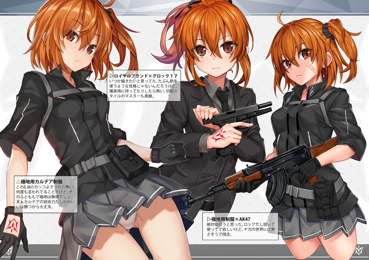 bandaid, cameltoe, fate/grand_order, fate_(series), fujimaru_ritsuka_(female), gloves, gun, orange_eyes