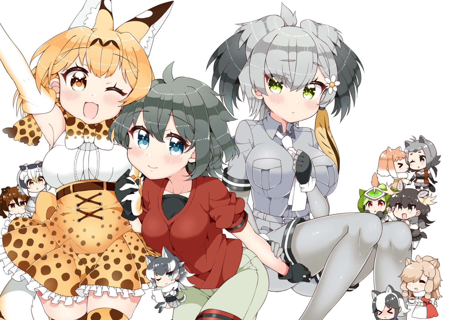 american_beaver_(kemono_friends), animal_ears, anthropomorphism, apron, aqua_eyes, black_hair, black-tailed_prairie_dog_(kemono_friends), blonde_hair