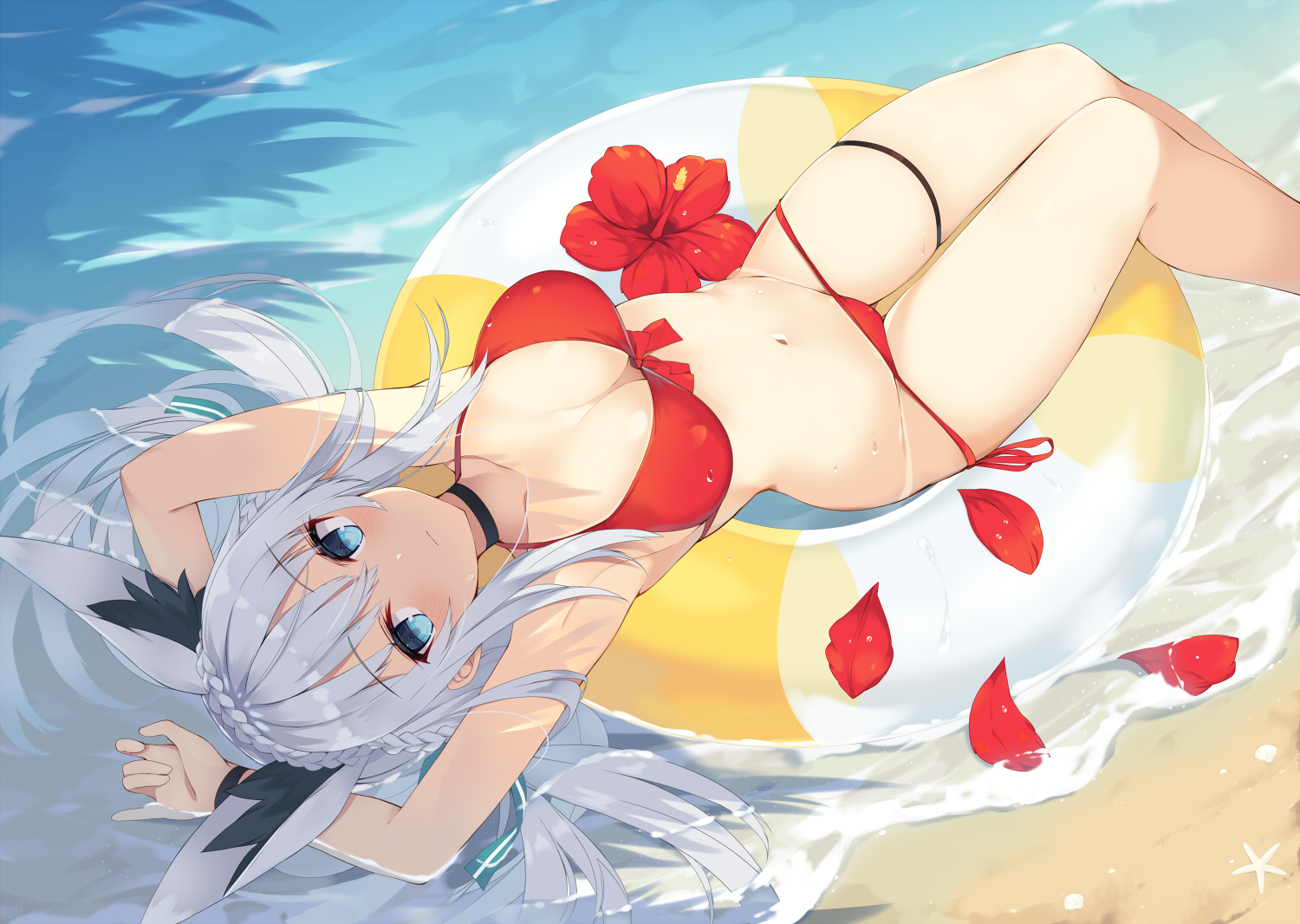 aliasing, animal_ears, bikini, blue_eyes, braids, choker, flowers, garter