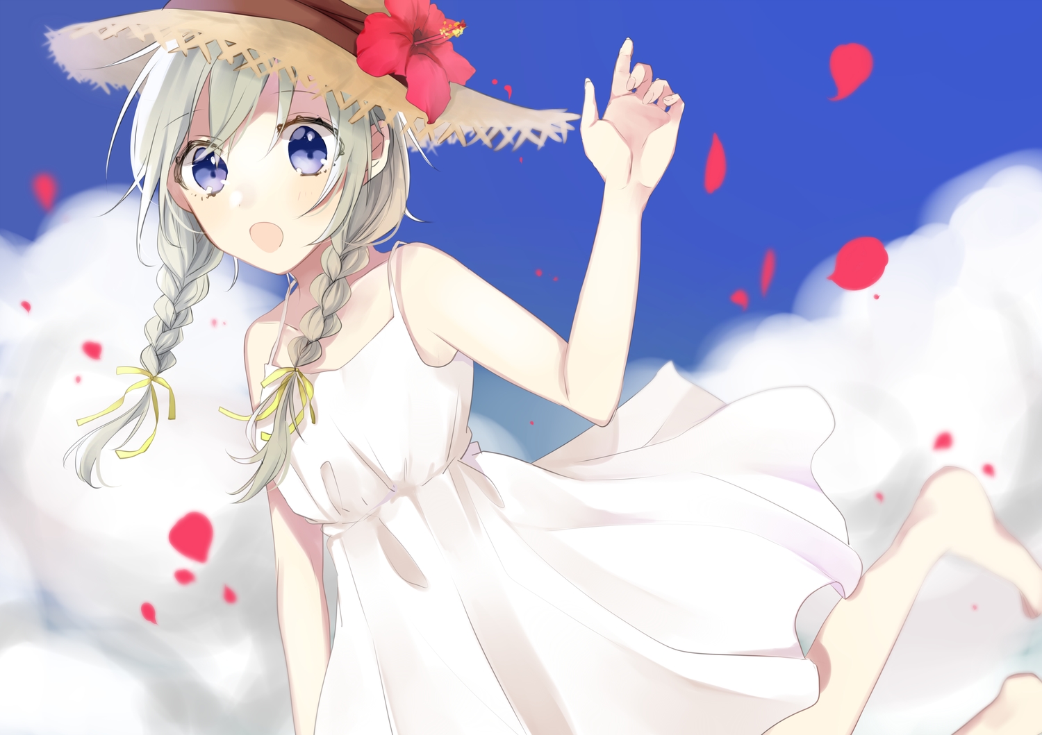 blue_eyes, braids, clouds, dress, gray_hair, hachimitsu_honey, hat, long_hair