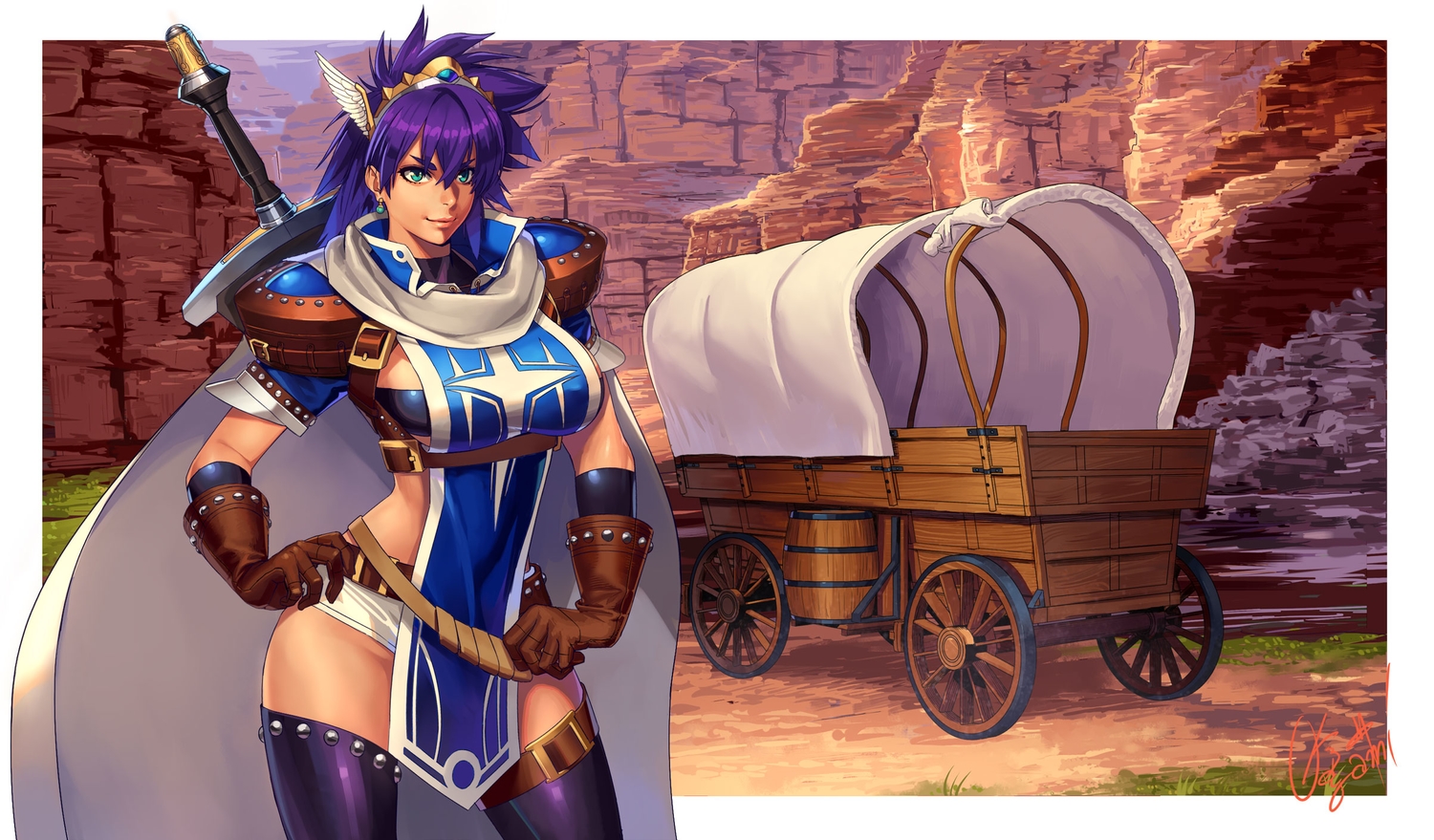 aqua_eyes, armor, garter, gloves, headdress, ogami, original, purple_hair