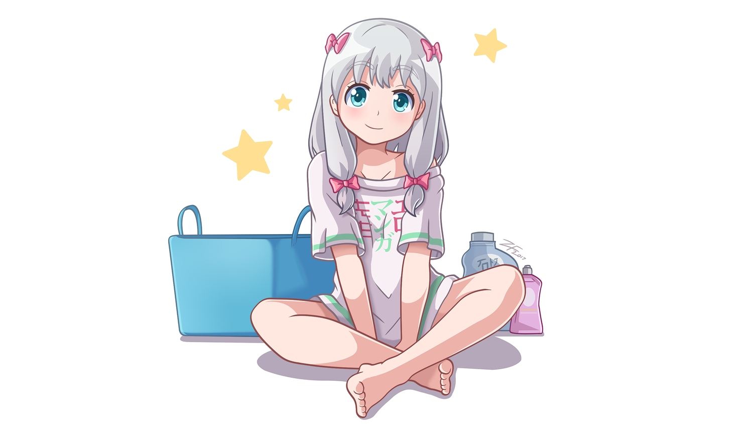 aqua_eyes, barefoot, eromanga-sensei, gehn94, gray_hair, izumi_sagiri, loli, long_hair, signed, underwear, white