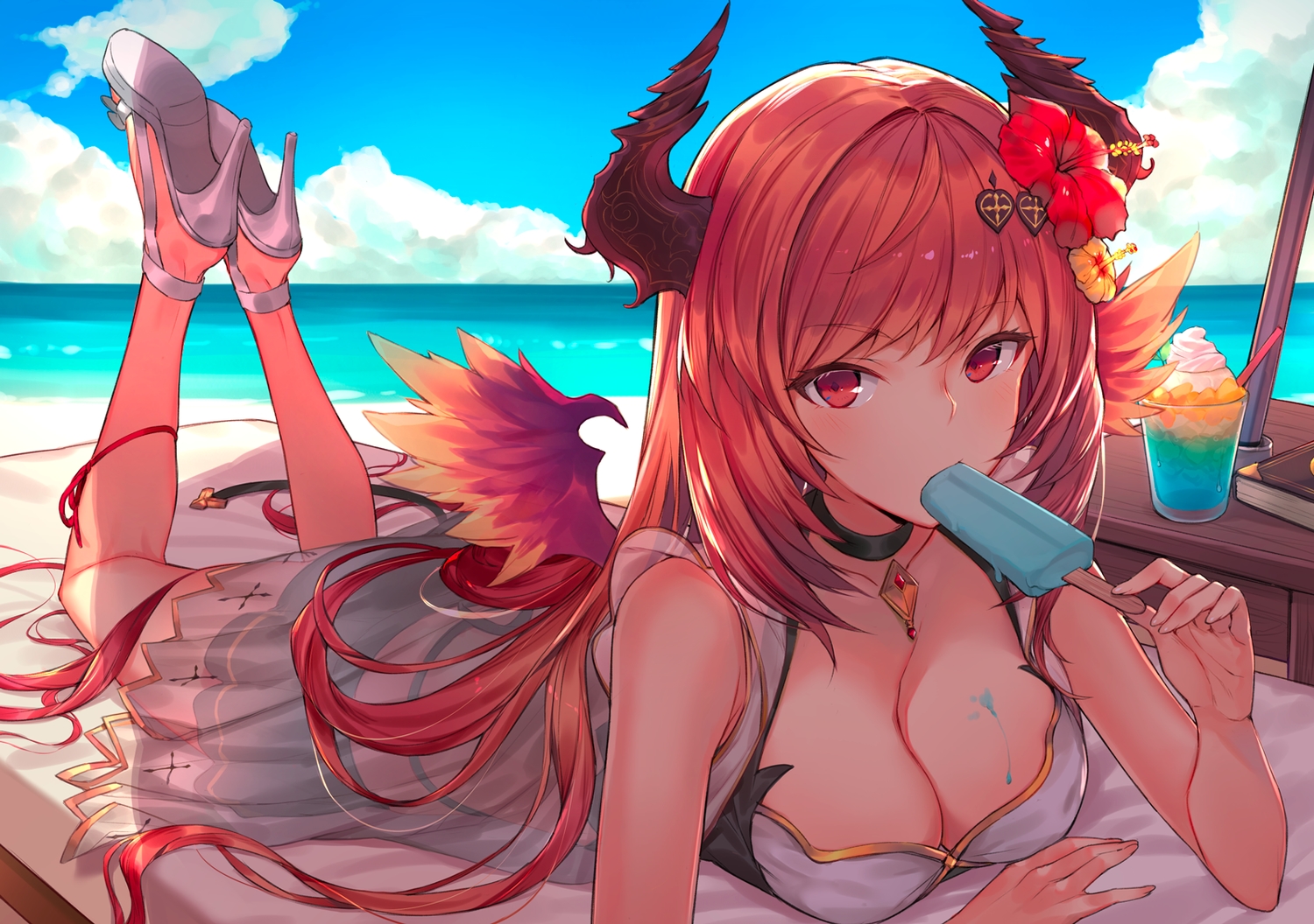 beach, book, breasts, choker, cleavage, clouds, dark_angel_olivia, dress