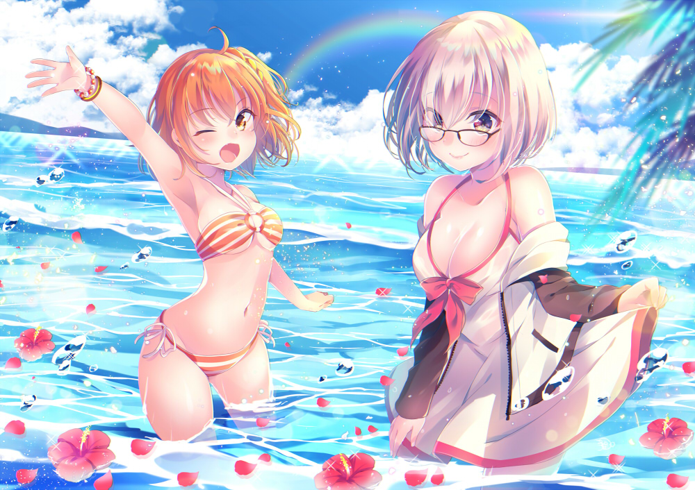 2girls, bikini, blush, breasts, cleavage, clouds, fate/grand_order, fate_(series)