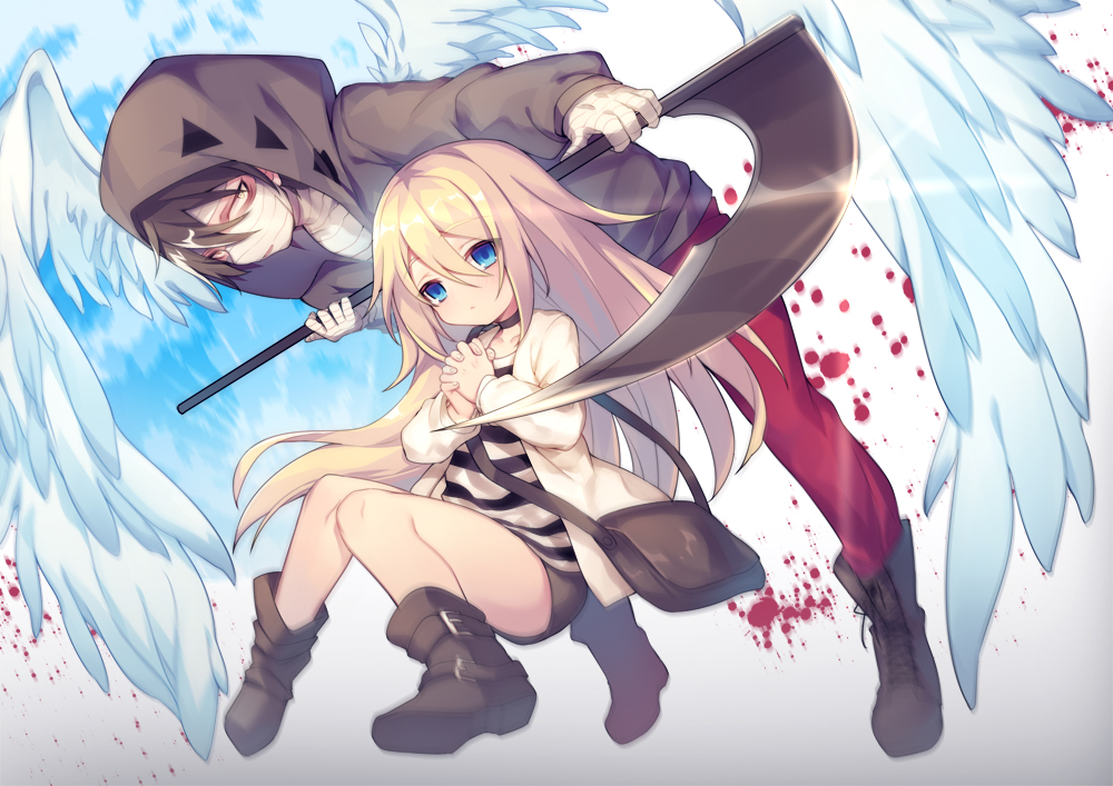 ao_jun, aqua_eyes, bandage, blonde_hair, blood, boots, brown_hair, choker
