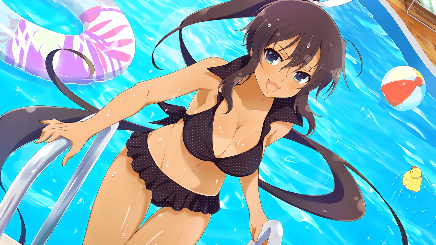 ball, bikini, breasts, brown_hair, cleavage, dark_skin, homura_(senran_kagura), long_hair