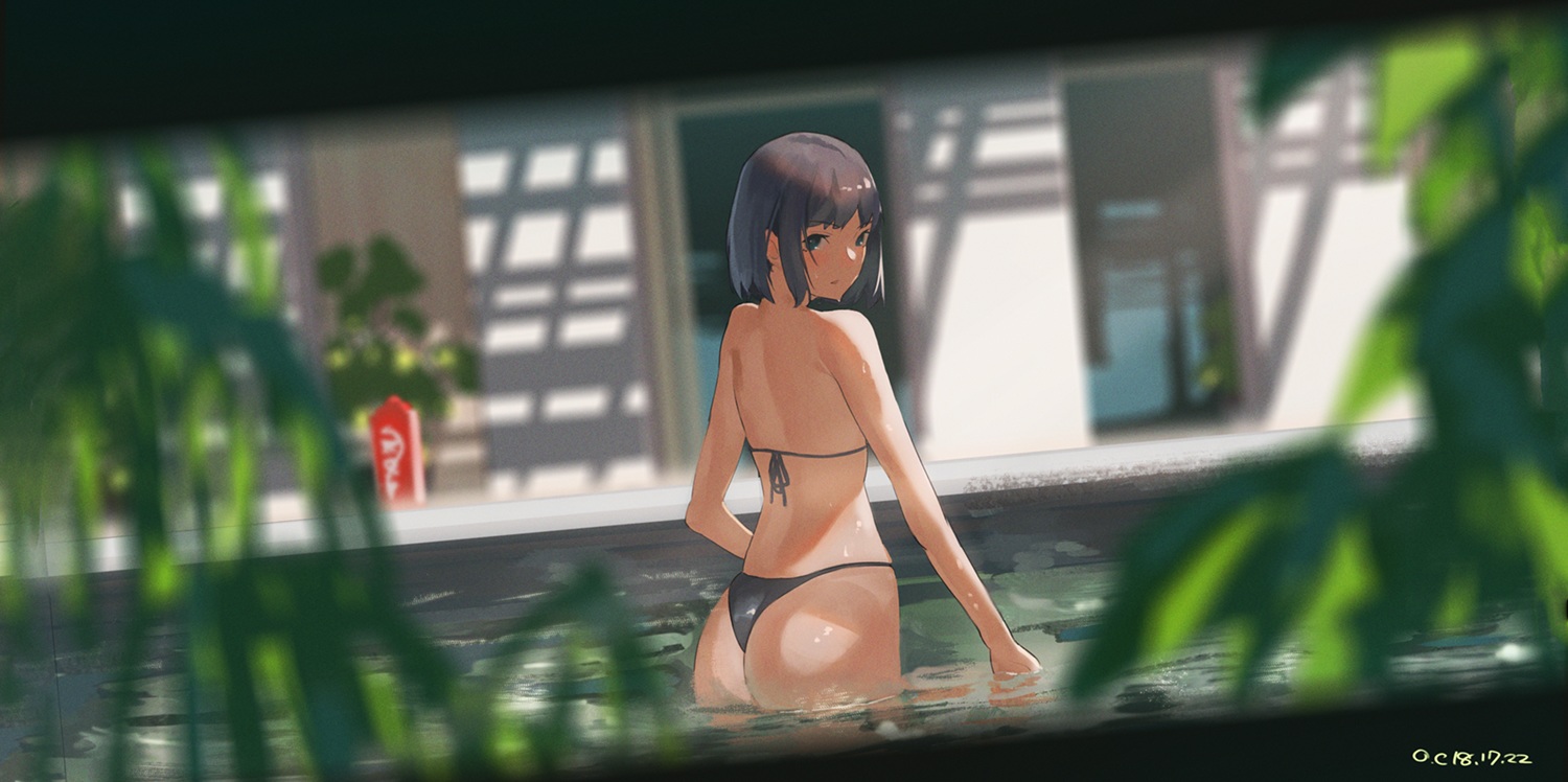ass, bikini, black_hair, original, reido_(reido_c), short_hair, signed, swimsuit