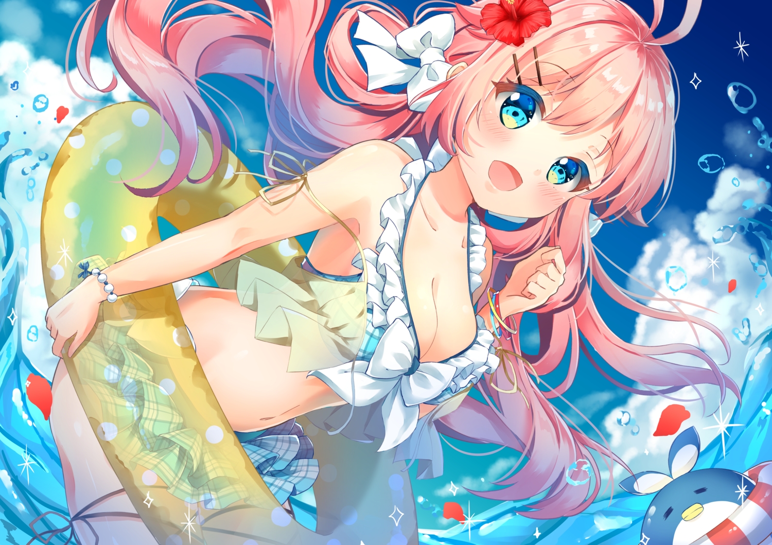 aqua_eyes, bikini, blush, bow, breasts, cleavage, clouds, flowers, long_hair, navel, original, pink_hair, see_through, sky, swimsuit, torokeru_none, twintails, water