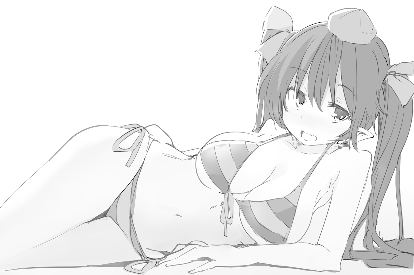 bikini, breasts, hat, himekaidou_hatate, kamukamu_(ars), long_hair, monochrome, navel, pointed_ears, sketch, swimsuit, touhou, twintails, waifu2x